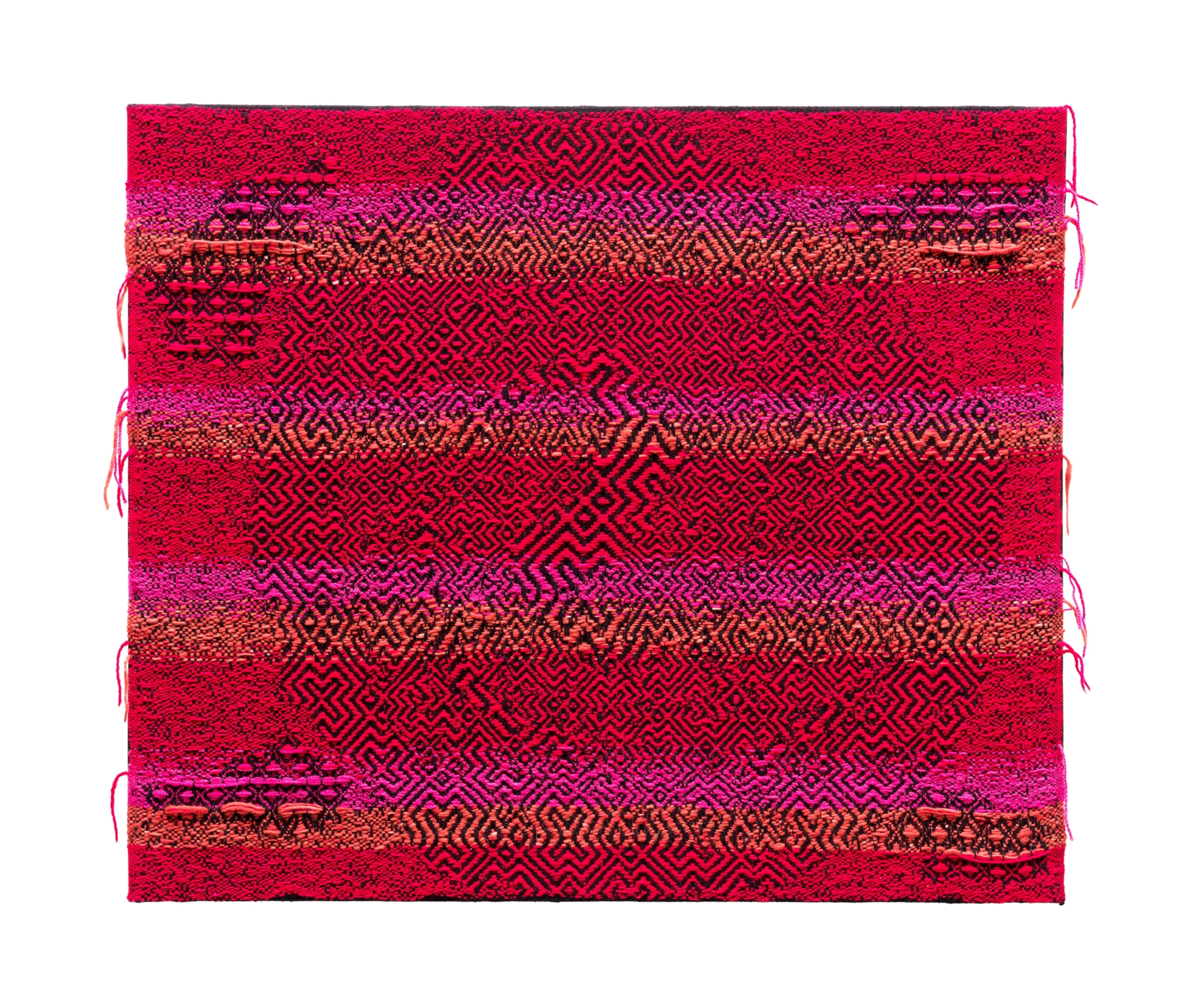 Intricate design includes variety of symbols in different shades of red and purple colors.