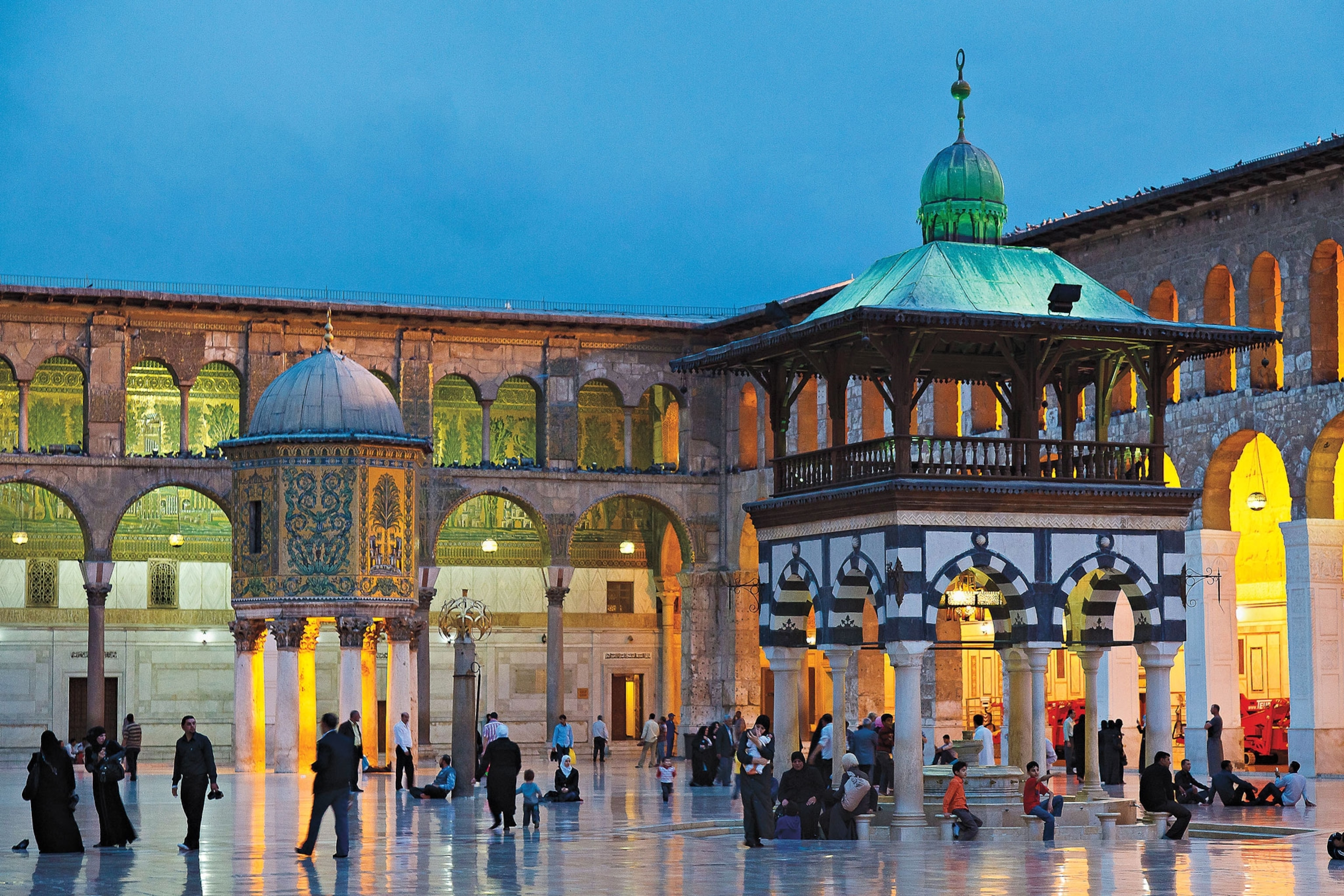 Photo of courtyard with lights on