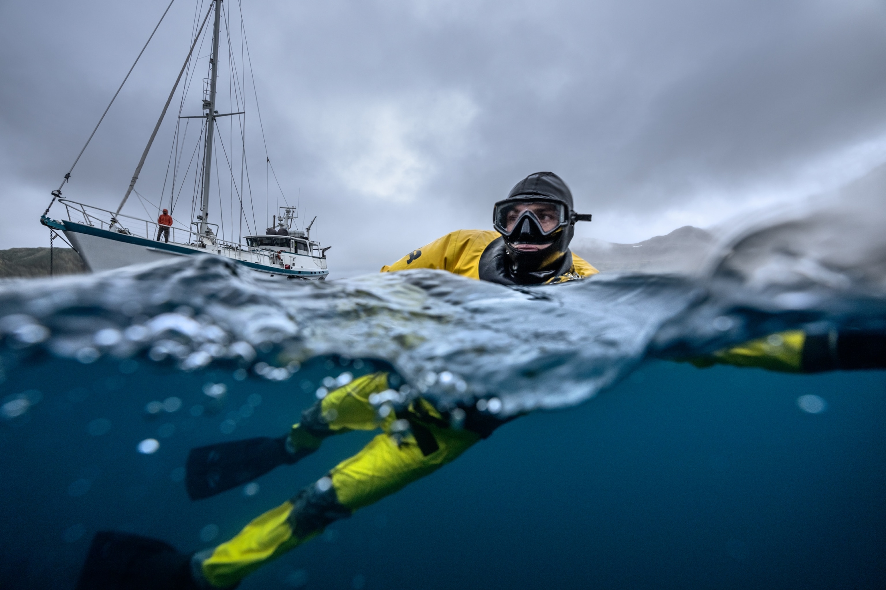 Photographe in dry suit swimming to film seals.