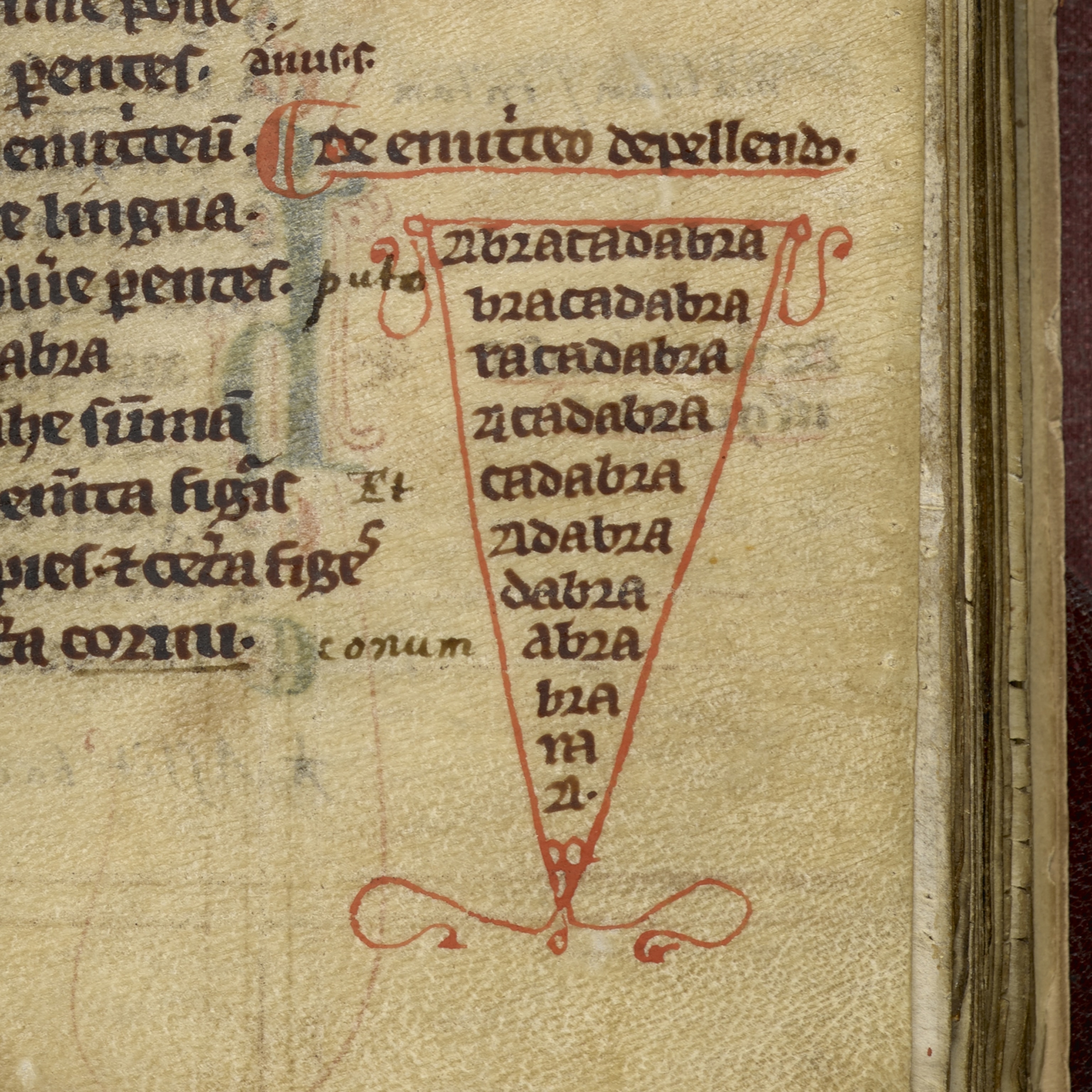 The first recorded mention of the phrase 'Abracadabra', as a cure for malaria, from 'Liber medicinalis, written by Quintus Serenus Sammonicus', Canterbury (ink & colour on vellum).