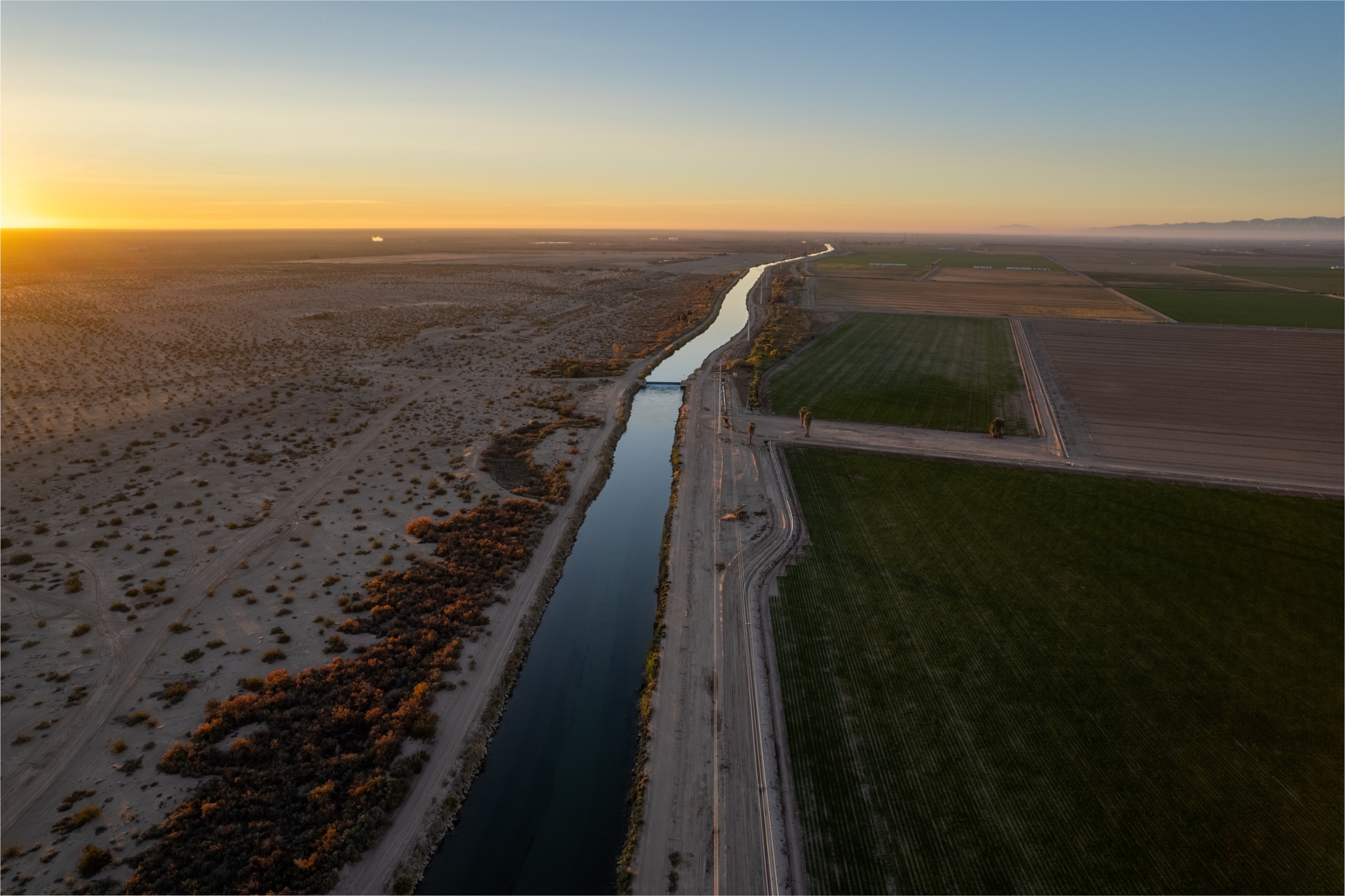 The High Line Canal holds diverted Colorado River water and is a clear line separating desert land from irrigated farm fields. The river is the Imperial Valley’s only source of freshwater. Without it, farm fields would return to desert land.