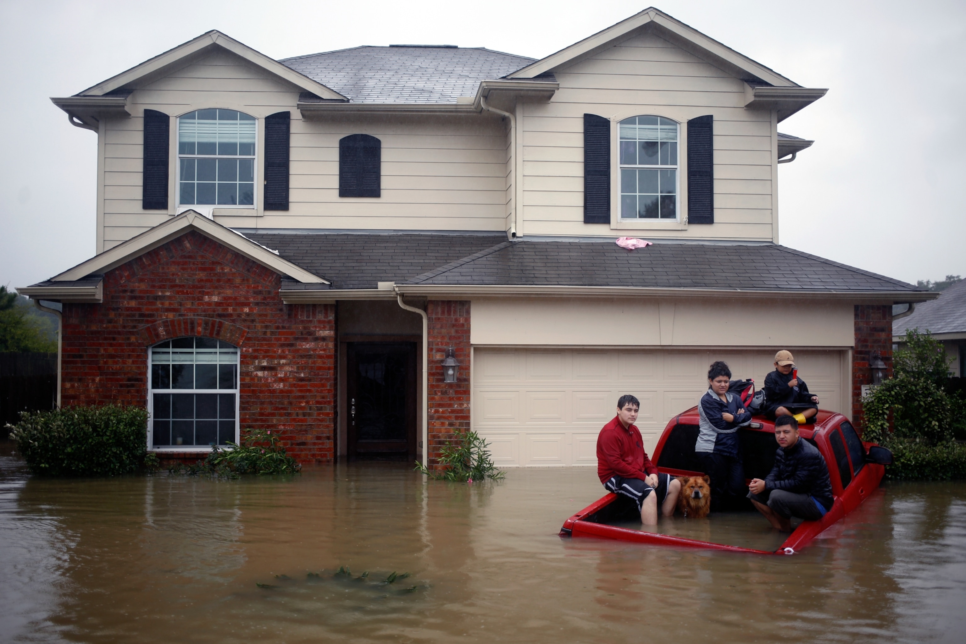 Texas residents sit with their dog in the back of a truck waiting to be rescued from rising floodwaters caused by Hurricane Harvey in 2017.