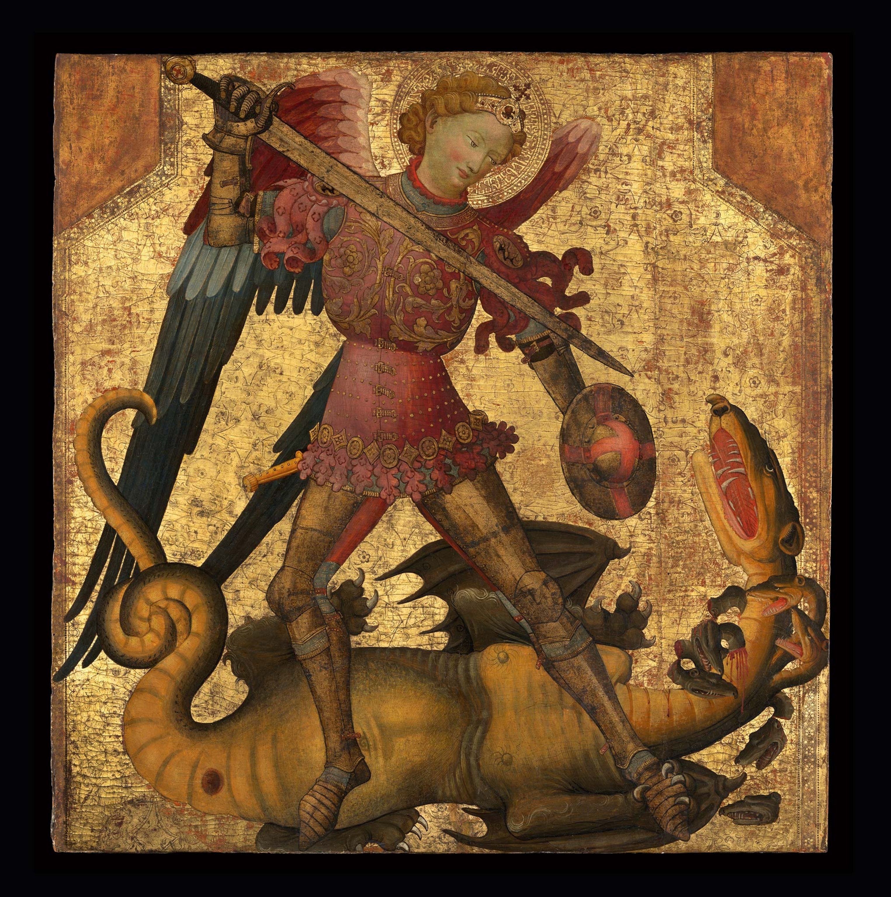 An old painting shows the armor-clad archangel Michael poised to execute a seven-headed dragon