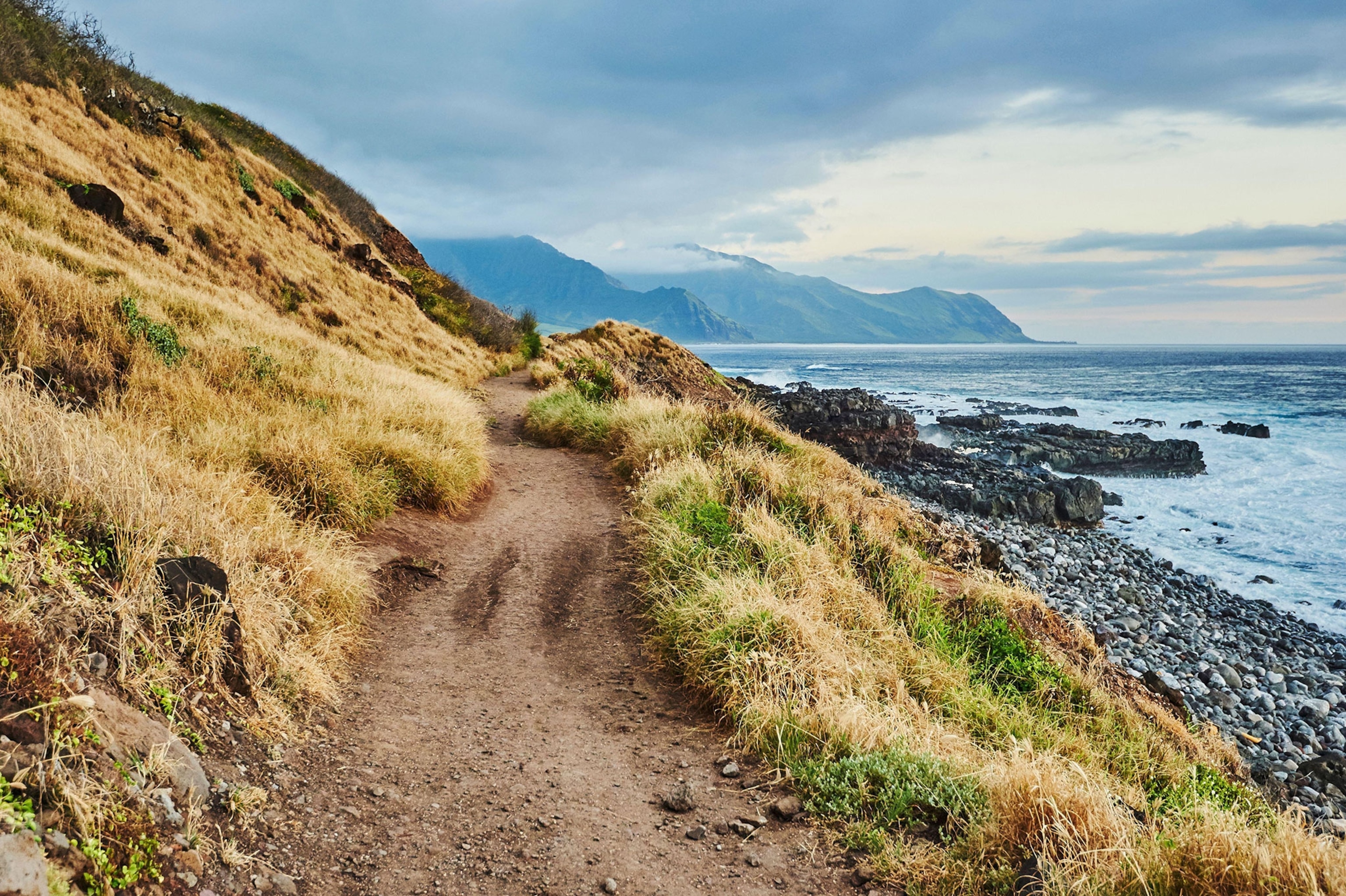 A dirt trail with a mountainous cliff to the left and a rocky beach and ocean to the right. There are mountains in the distance.