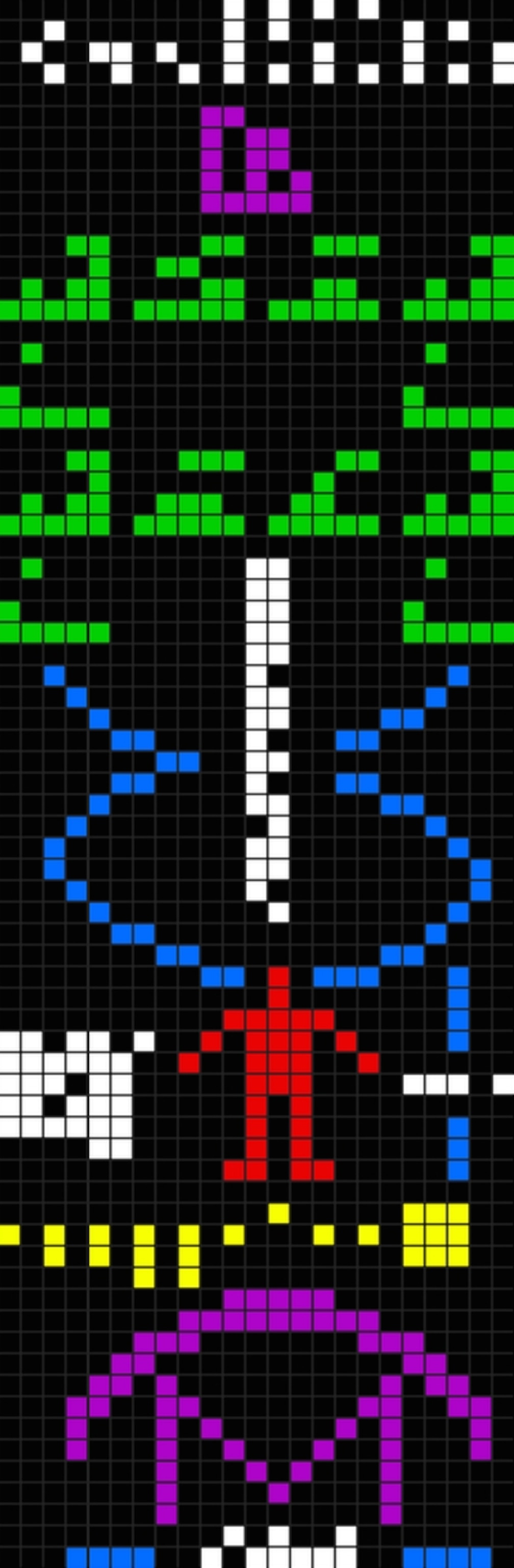 The Arecibo Message, with colors added to identify the various components. (norro)