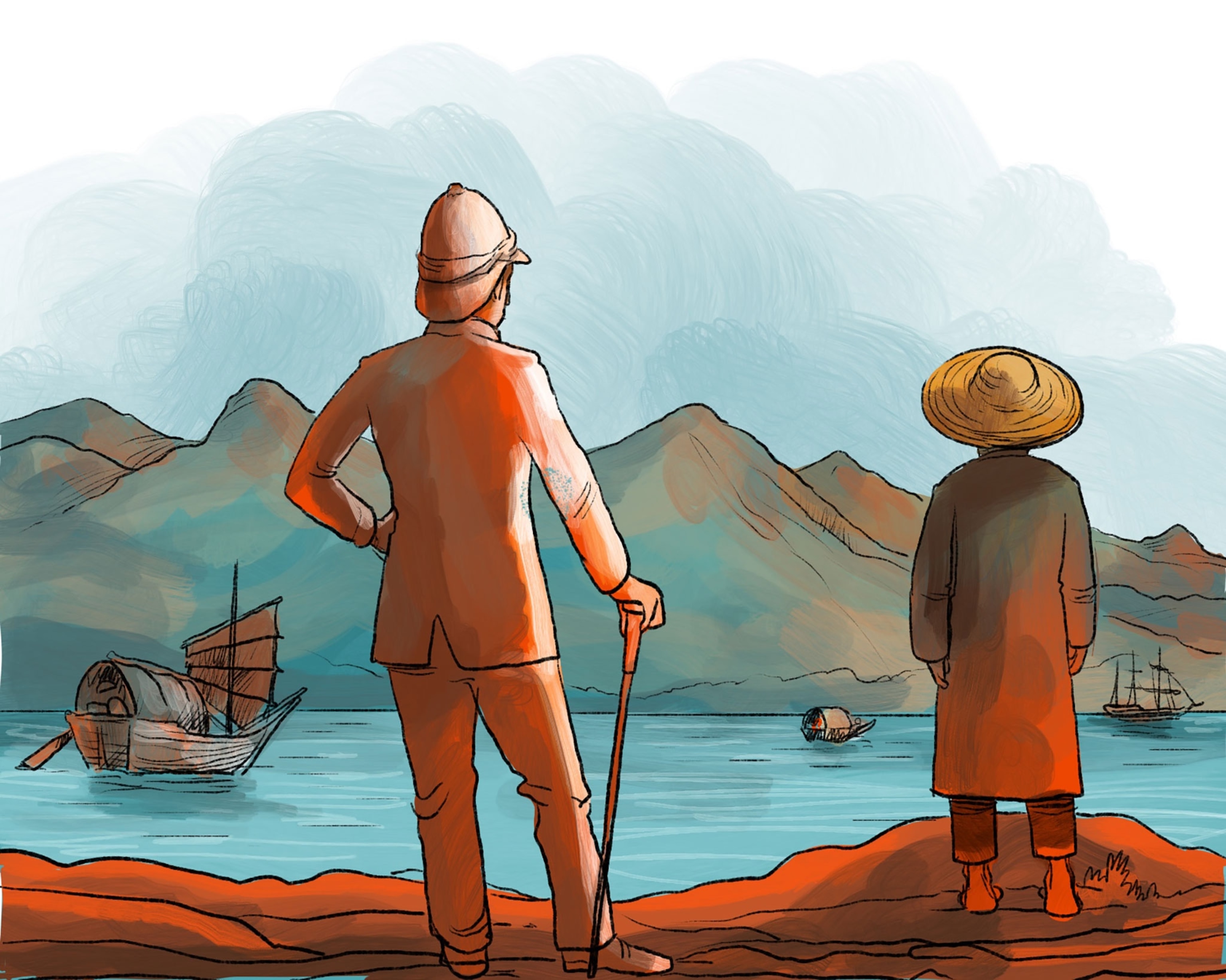 A drawing of a mainland Chinese immigrant and British colonist in Hong Kong