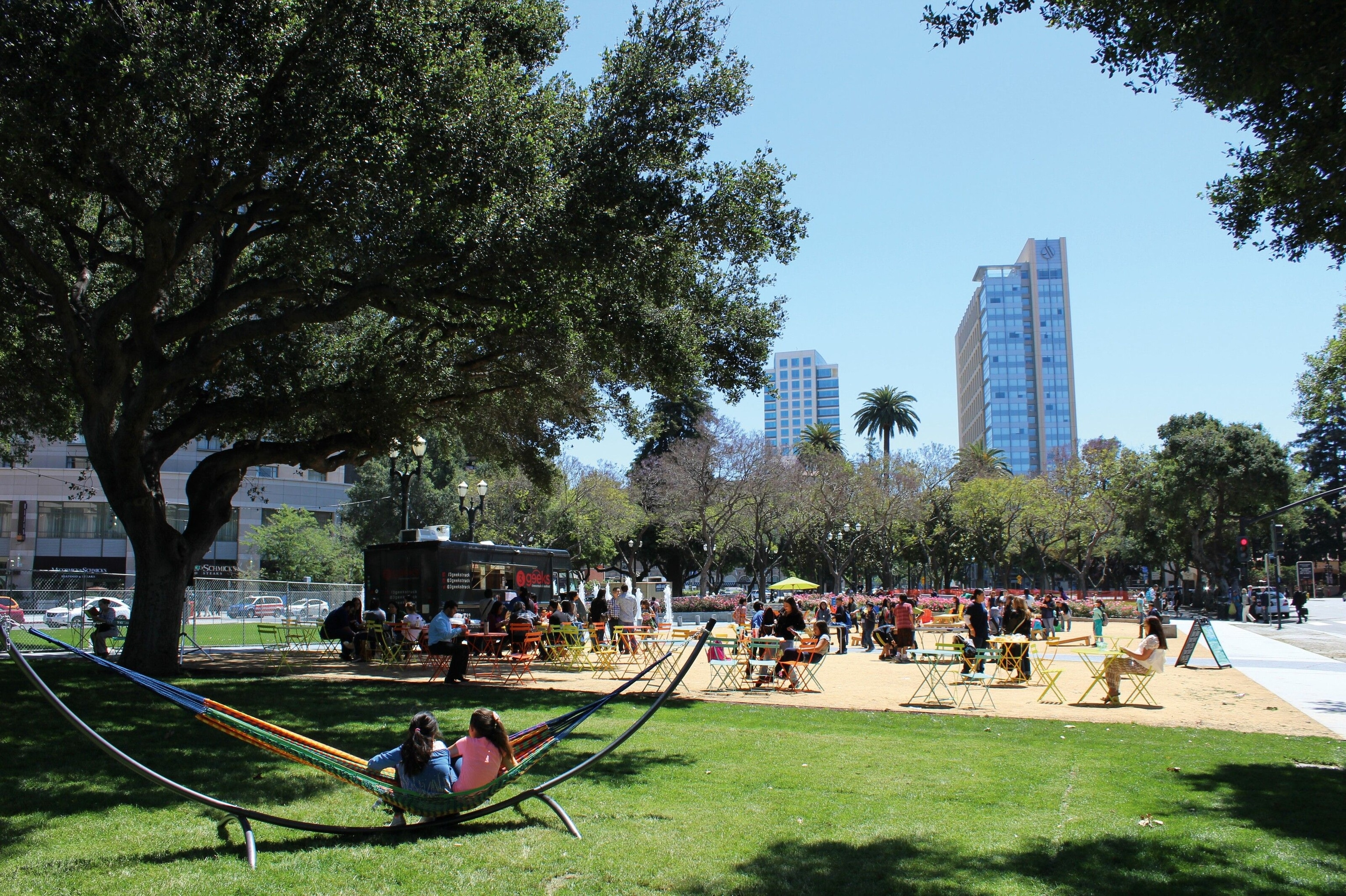 Enjoying the sun in Plaza de Cesar Chavez.