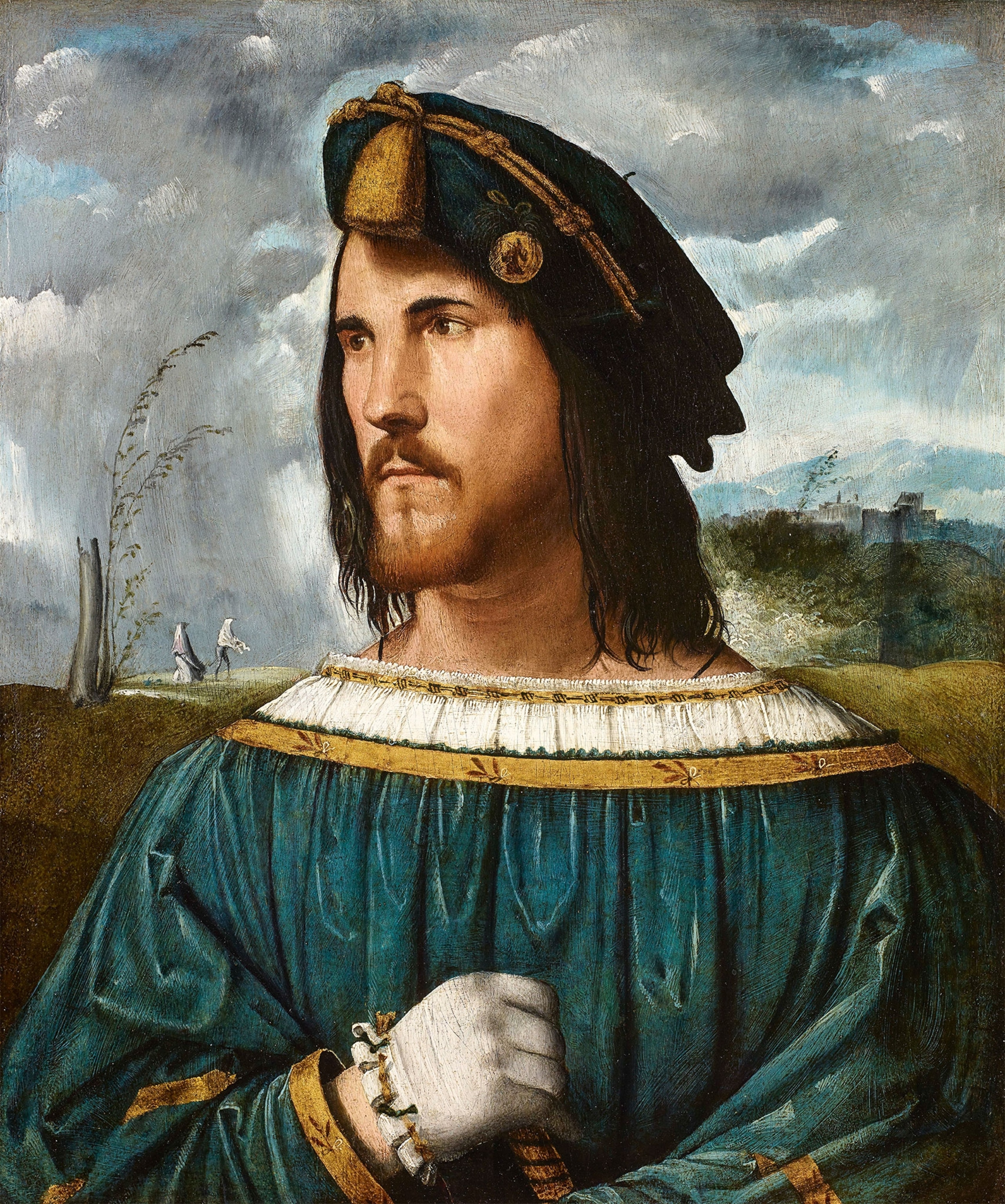 A painted portrait of a man wearing a long-sleeve green shirt, white gloves, and a green and gold hat