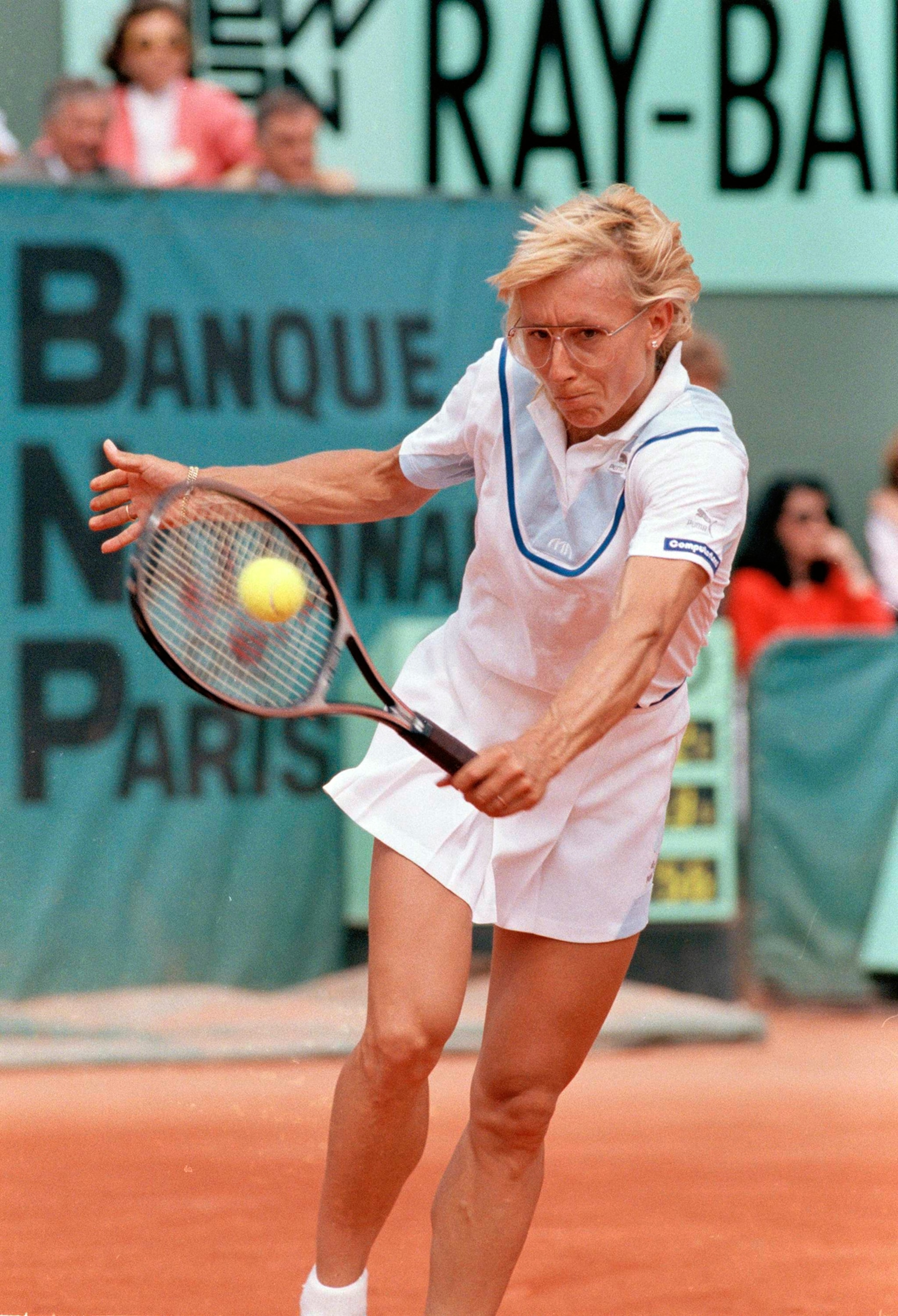 Martina Navratilova strokes the ball during the French Open tournament in Paris, June 1986.