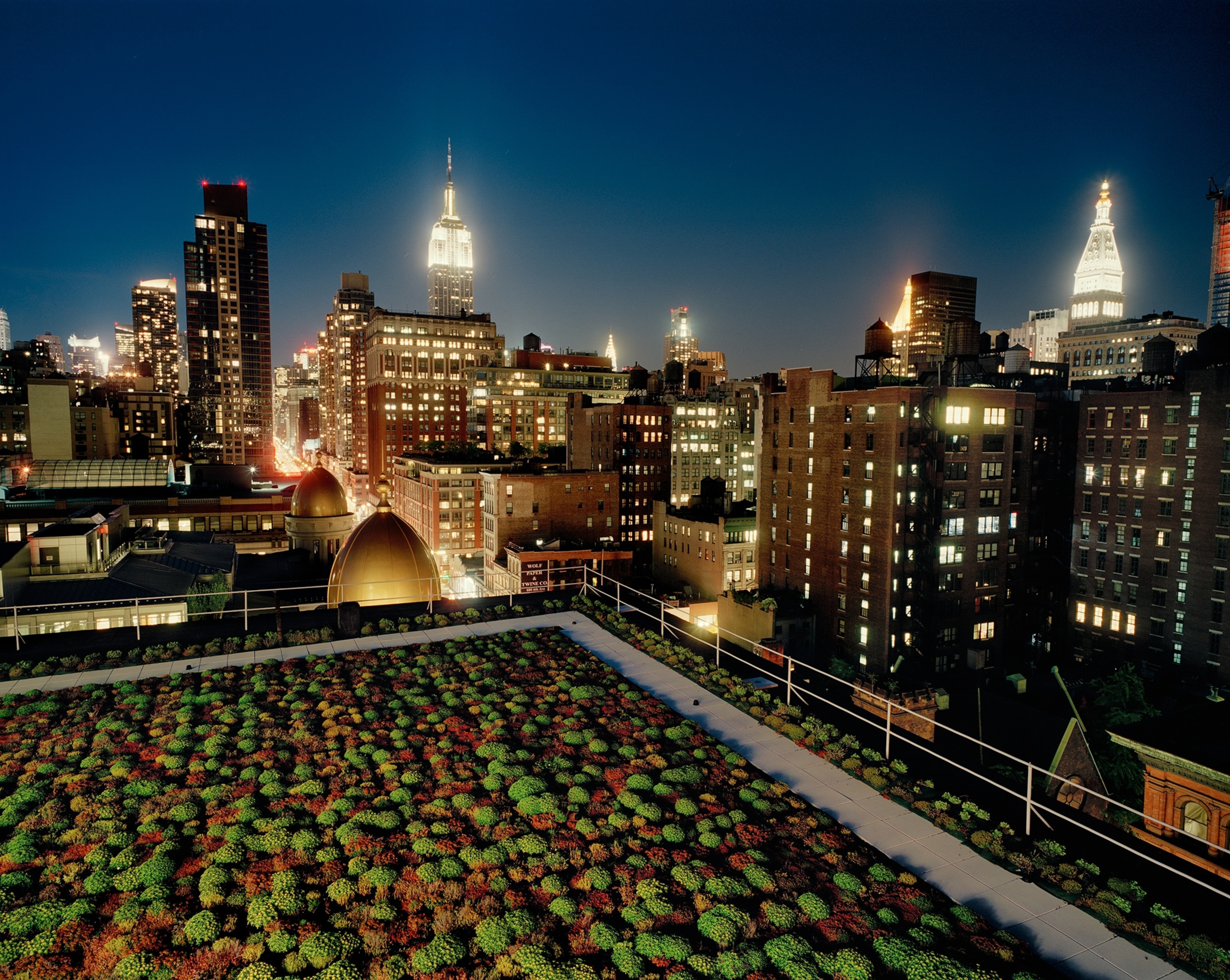 A green roof with layer of waterproof material that controls drainage in New York City, New York.