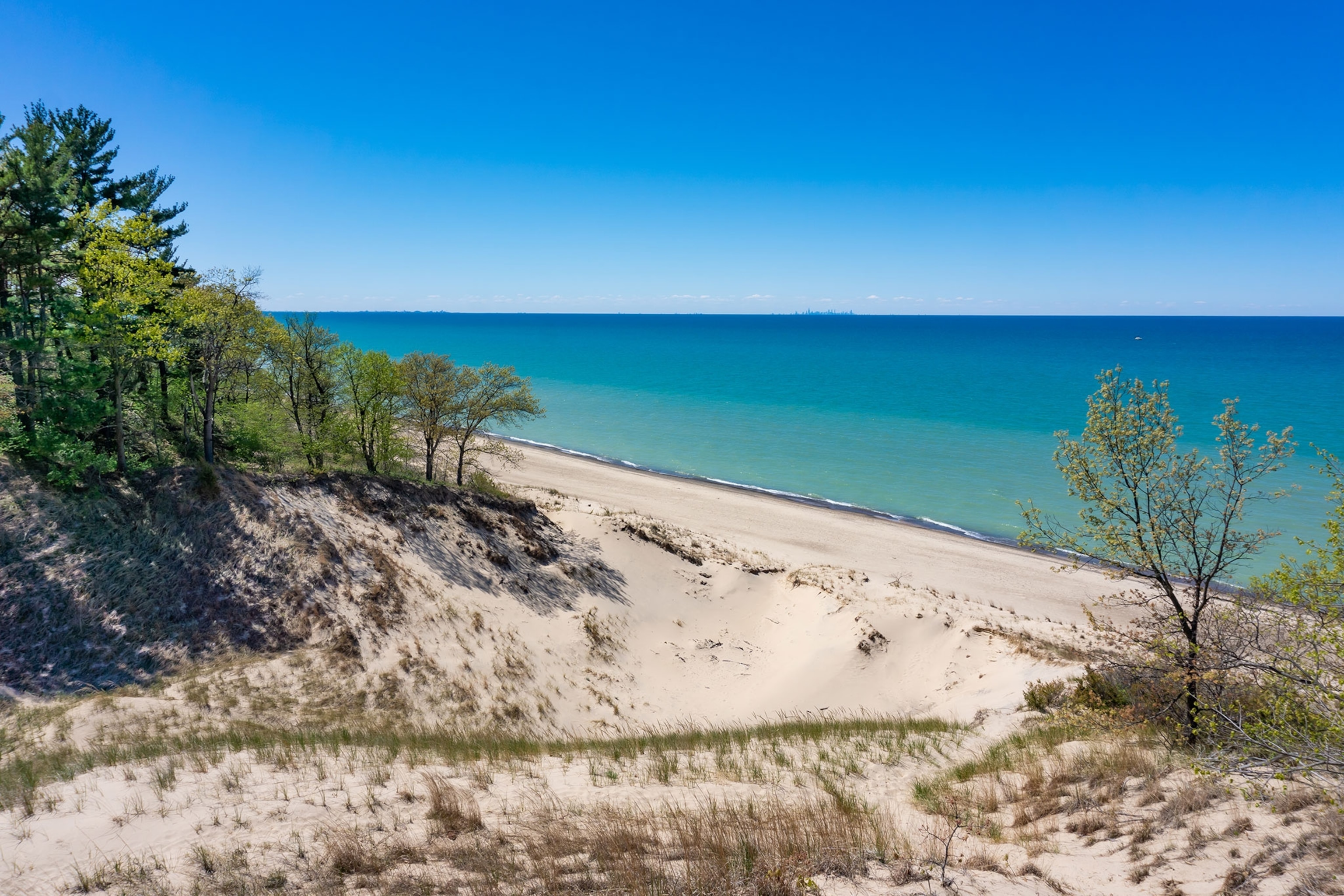 Indiana Dunes National Park, Indiana, USA. The views of Lake Michigan and the sand dunes are popular beach and hiking attractions.