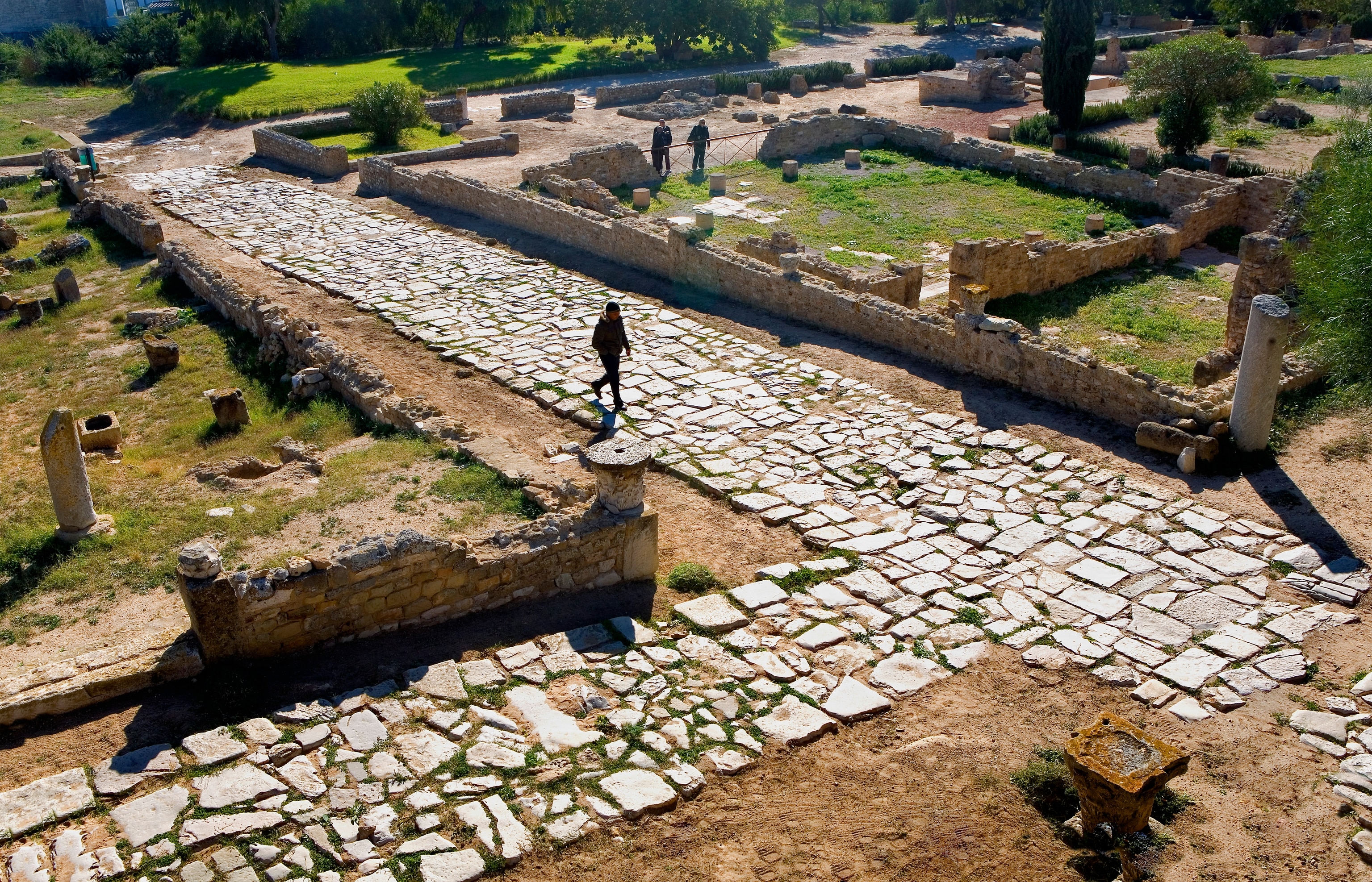 An elevated view of the ruins of the Villa of the Aviary along the Roman causeway in ancient Carthage