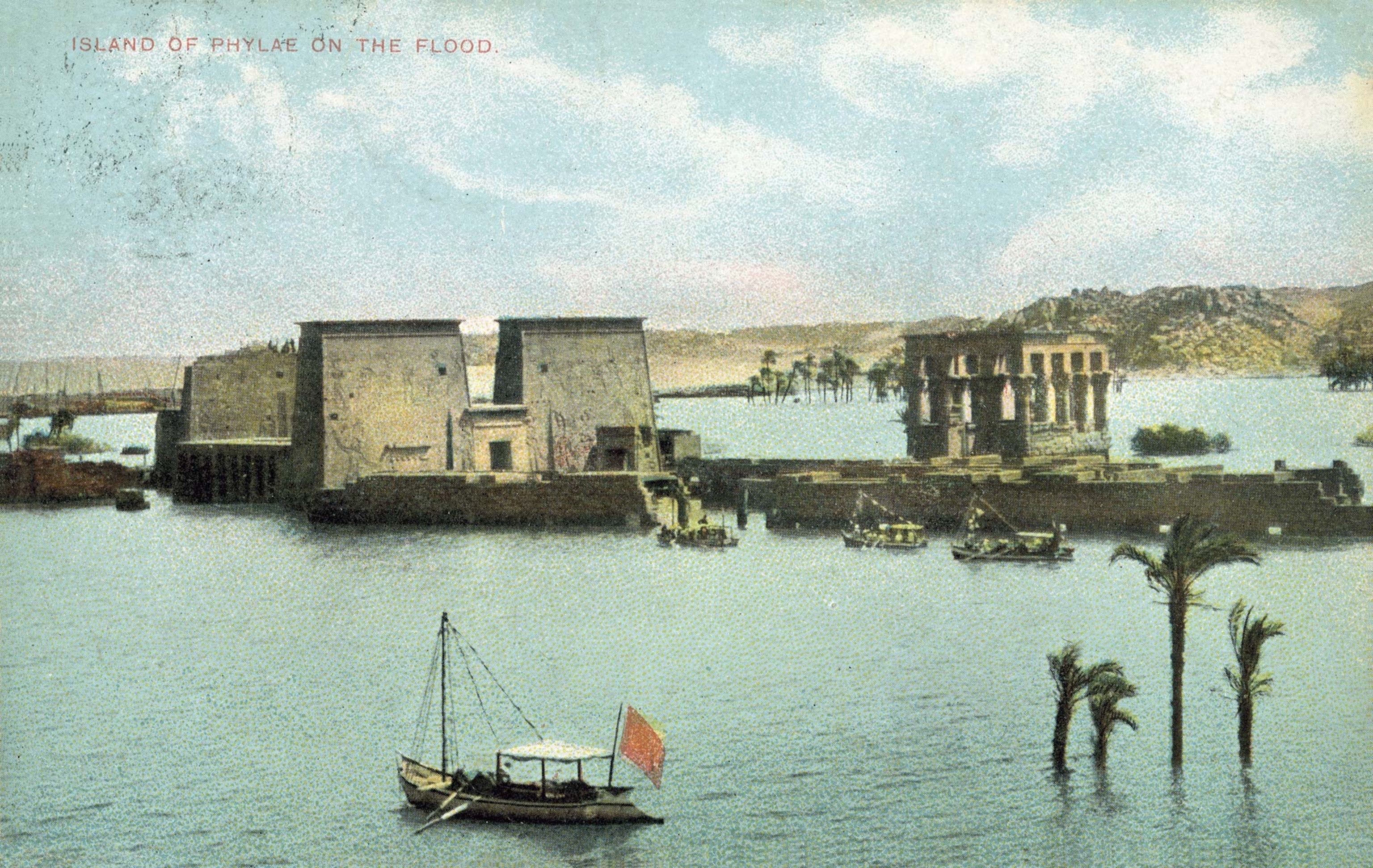 A postcard illustration of the Philae temple on water