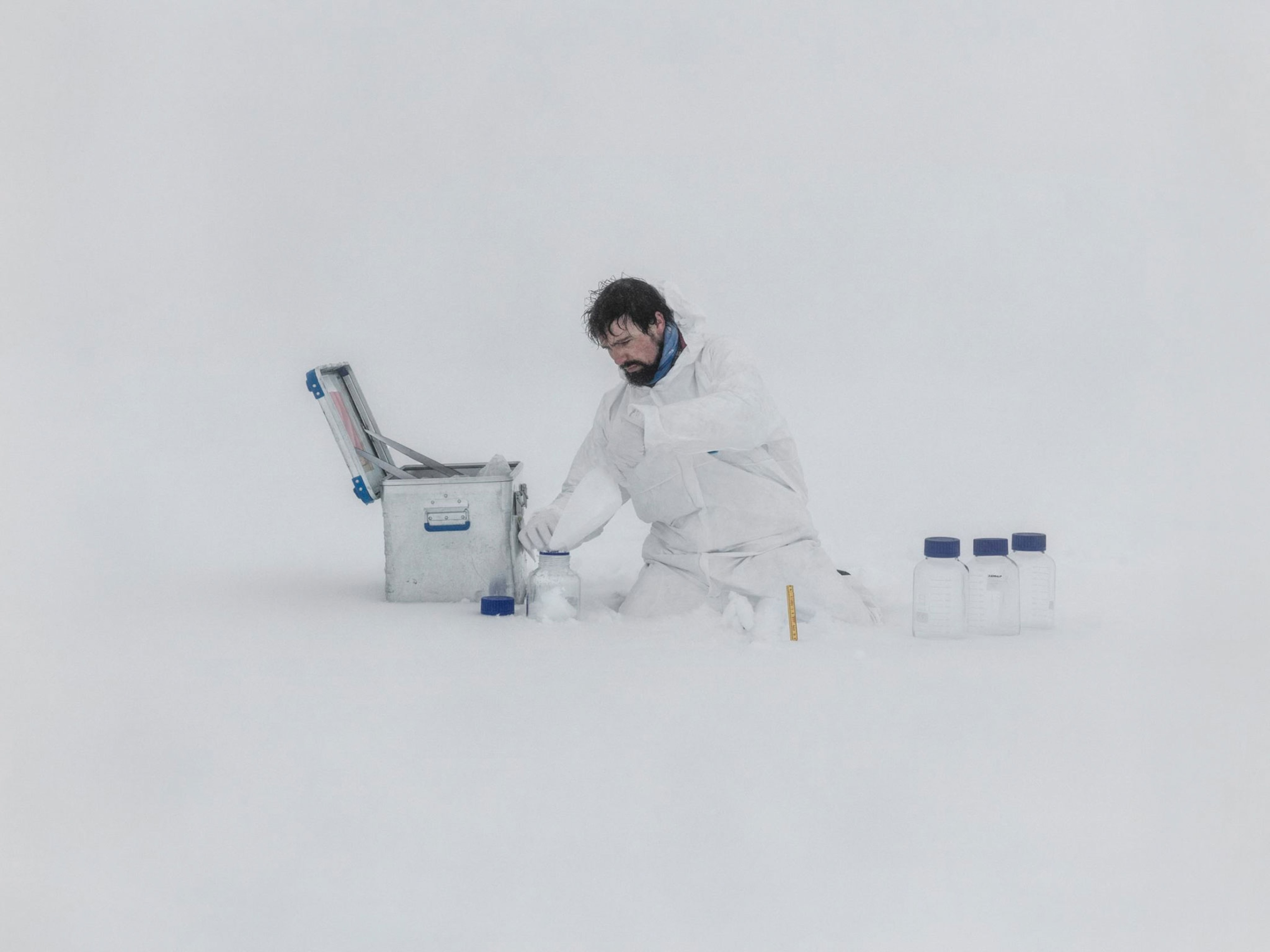 French glaciologist Jean Charles Gallet analyzing snow.