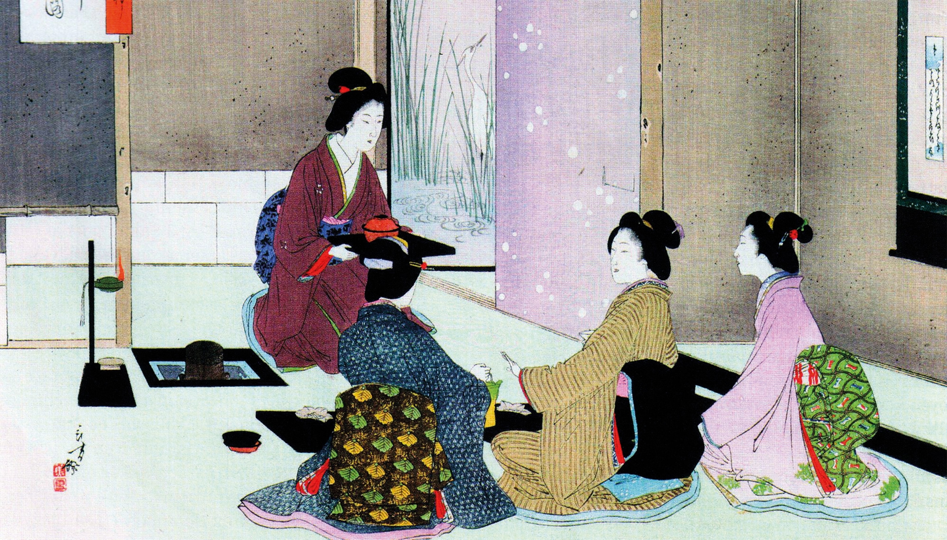 Kimono-clad women participate in a Japanese tea ceremony in a late 19th-century illustration by Toshikata Mizuno.