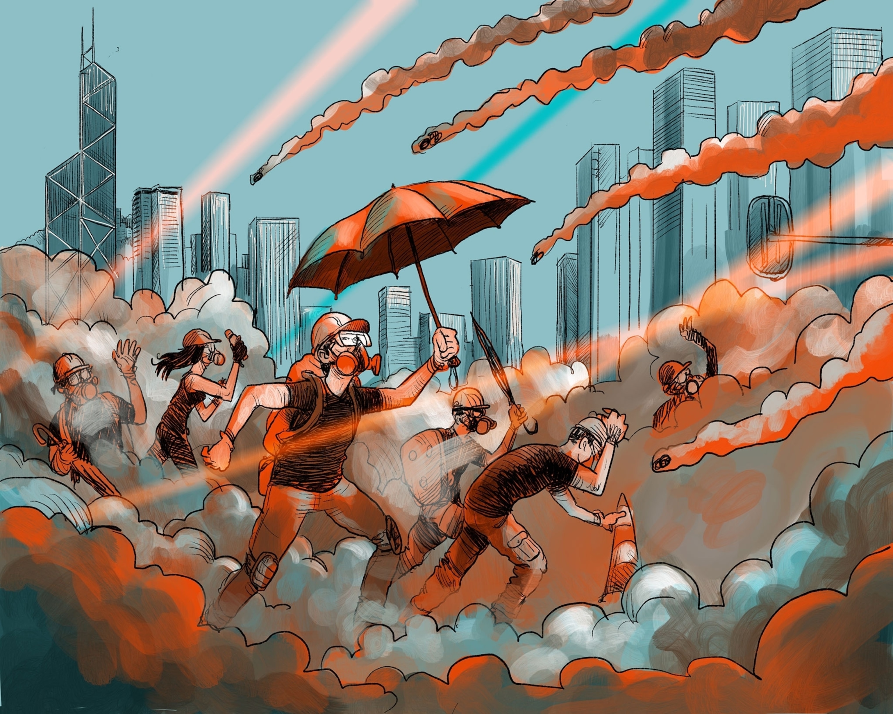 A drawing of protesters in Hong Kong with umbrella