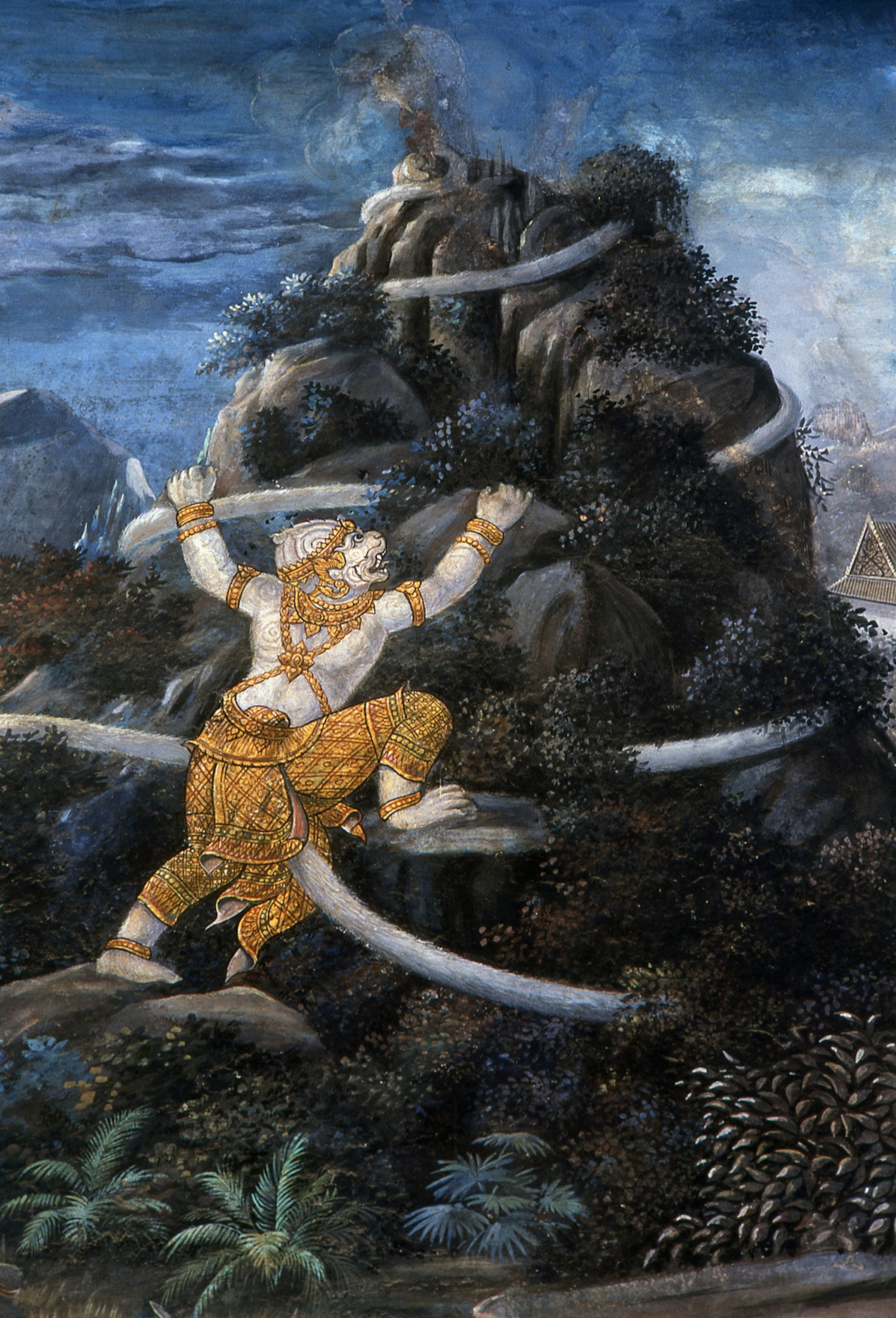A mural of Hanuman searching for rare herbs to cure Lakshmana.