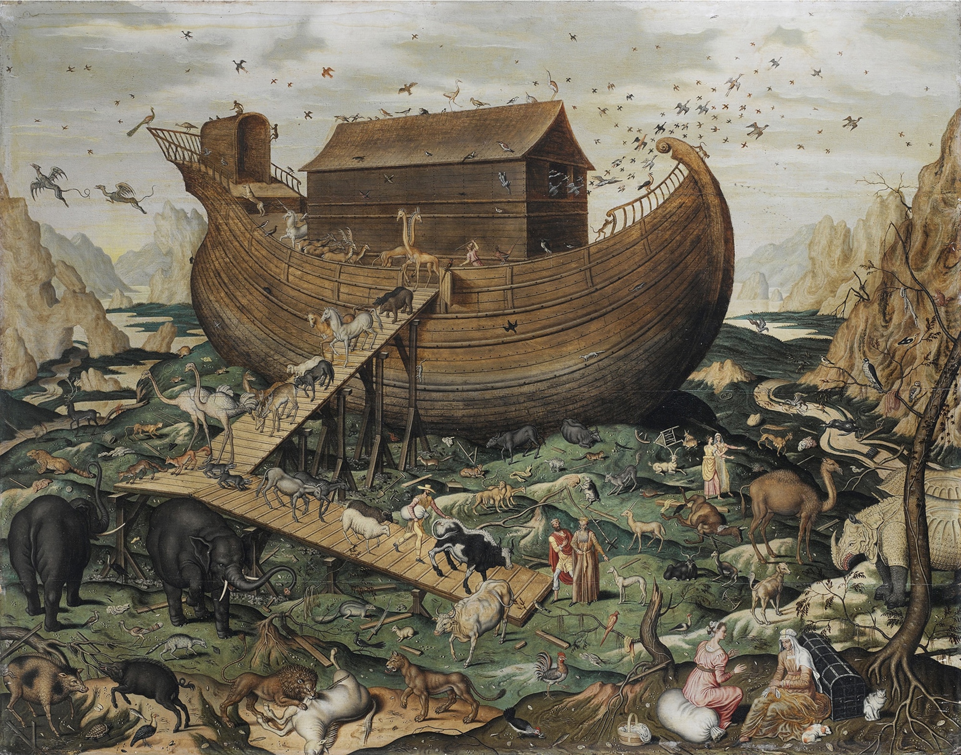 Noah's Ark on Mount Ararat with animals flooding out.
