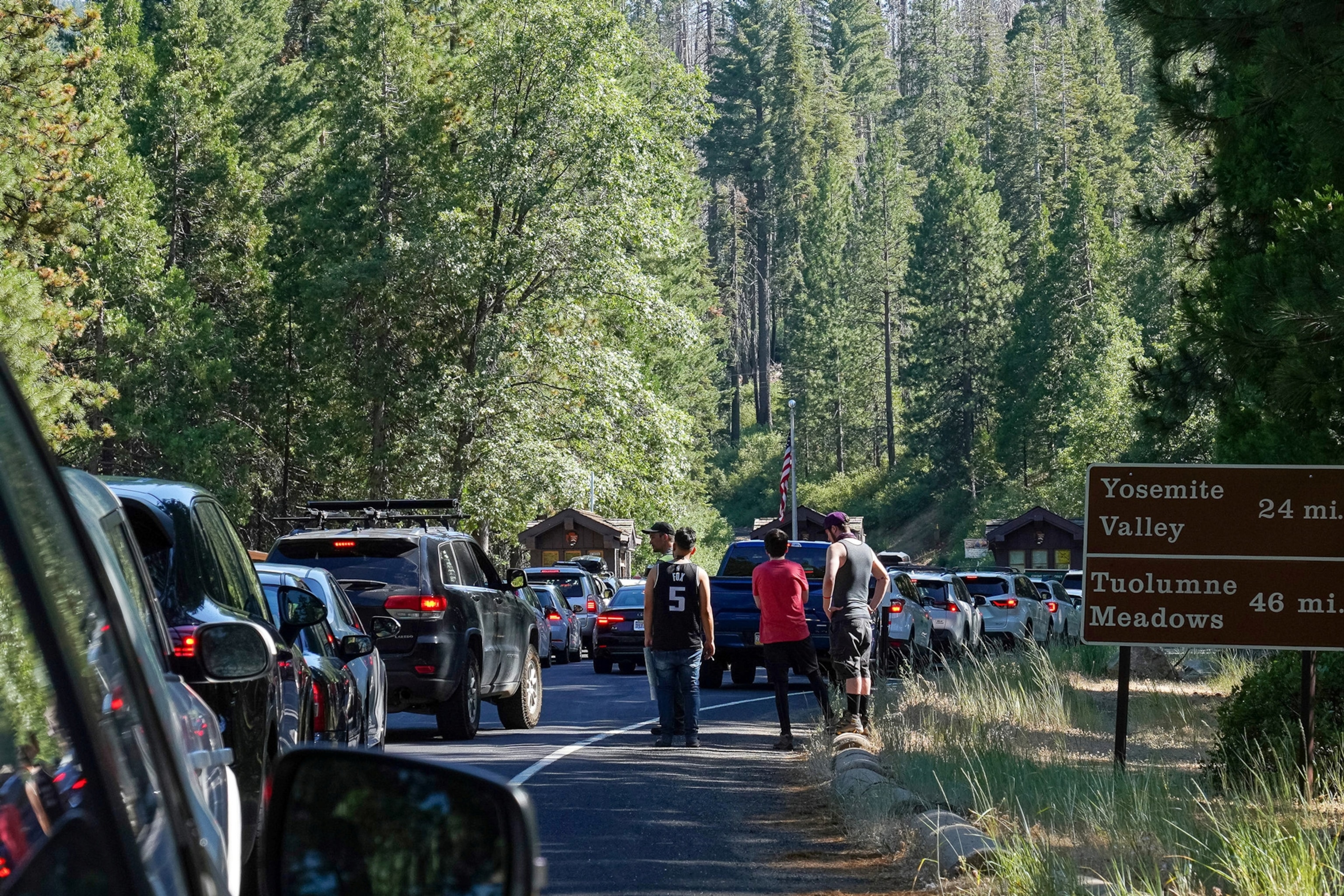 Photo of lines of cars waiting in traffic in park