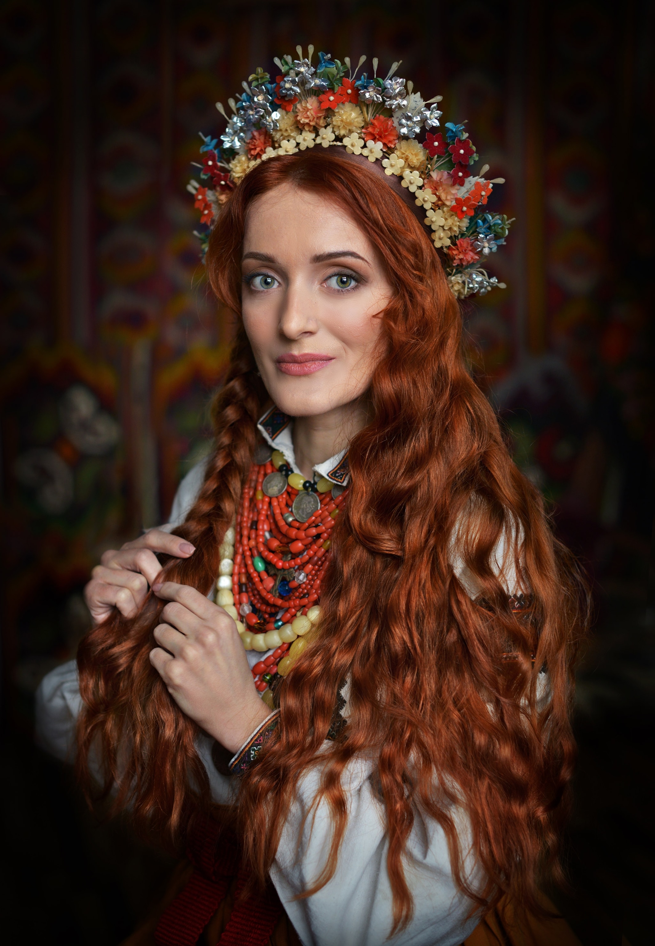 a woman wearing a Ukrainian floral crown