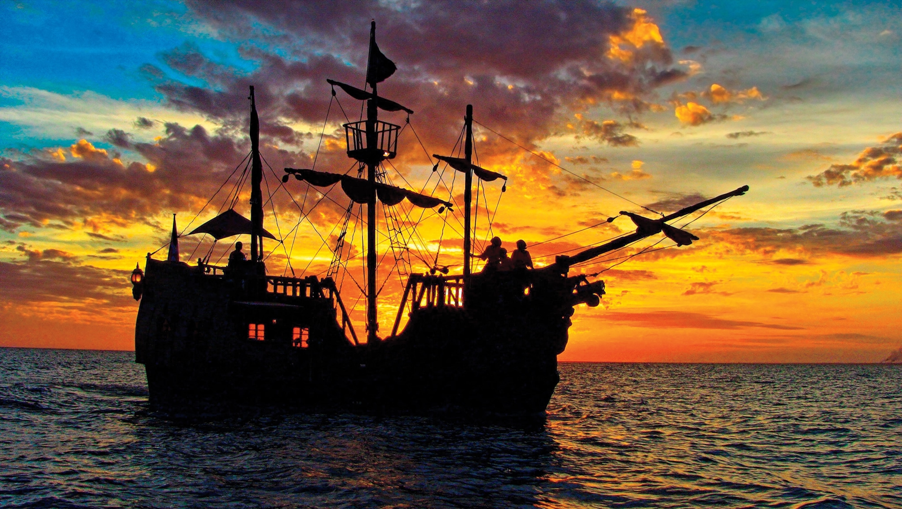 A replica pirate ship cruising the Caribbean Sea near the Dominican Republic.