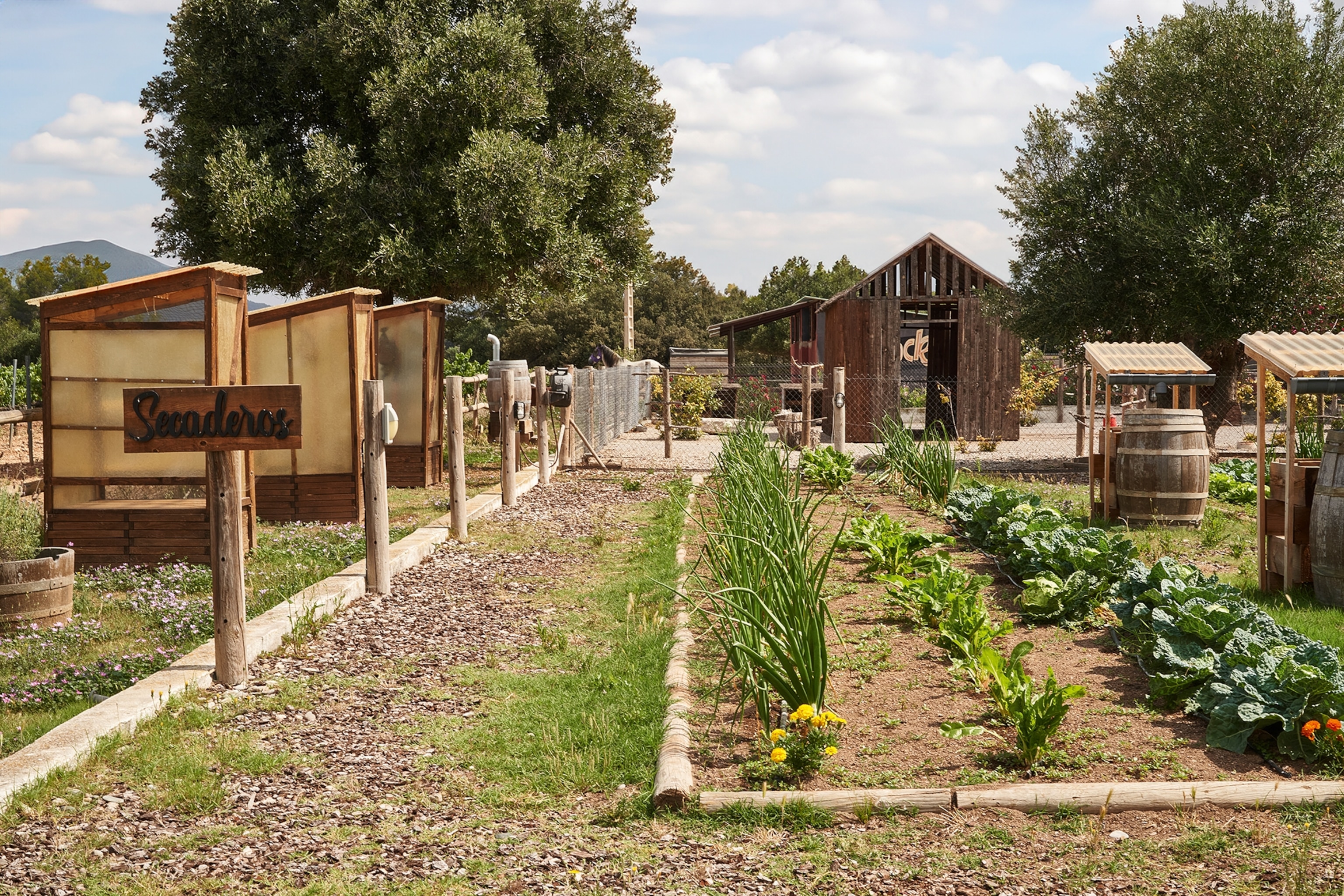 A cultivated garden with rows of growing vegetables and a hut in the back.