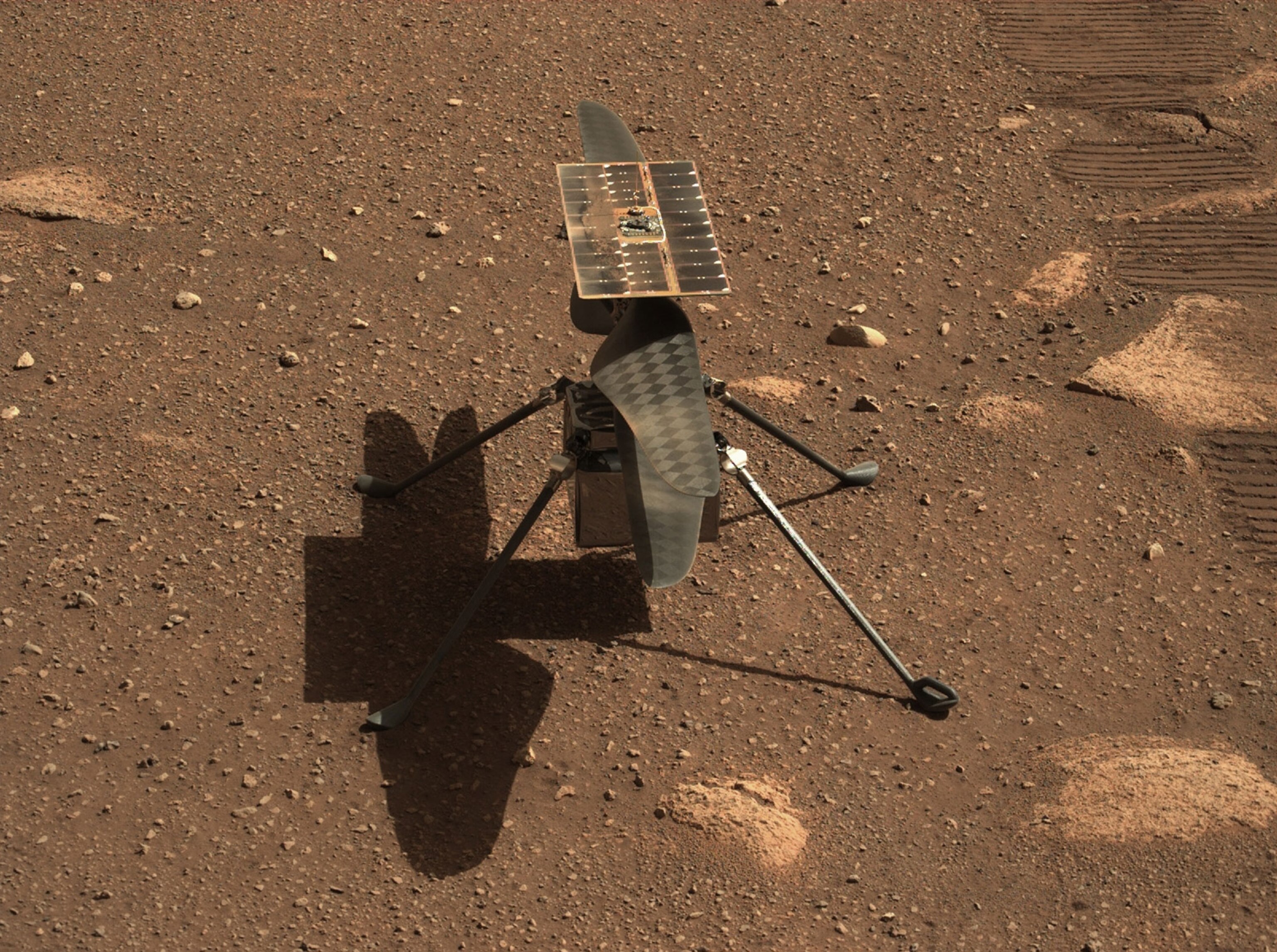Mars Ingenuity helicopter on the surface of Mars.