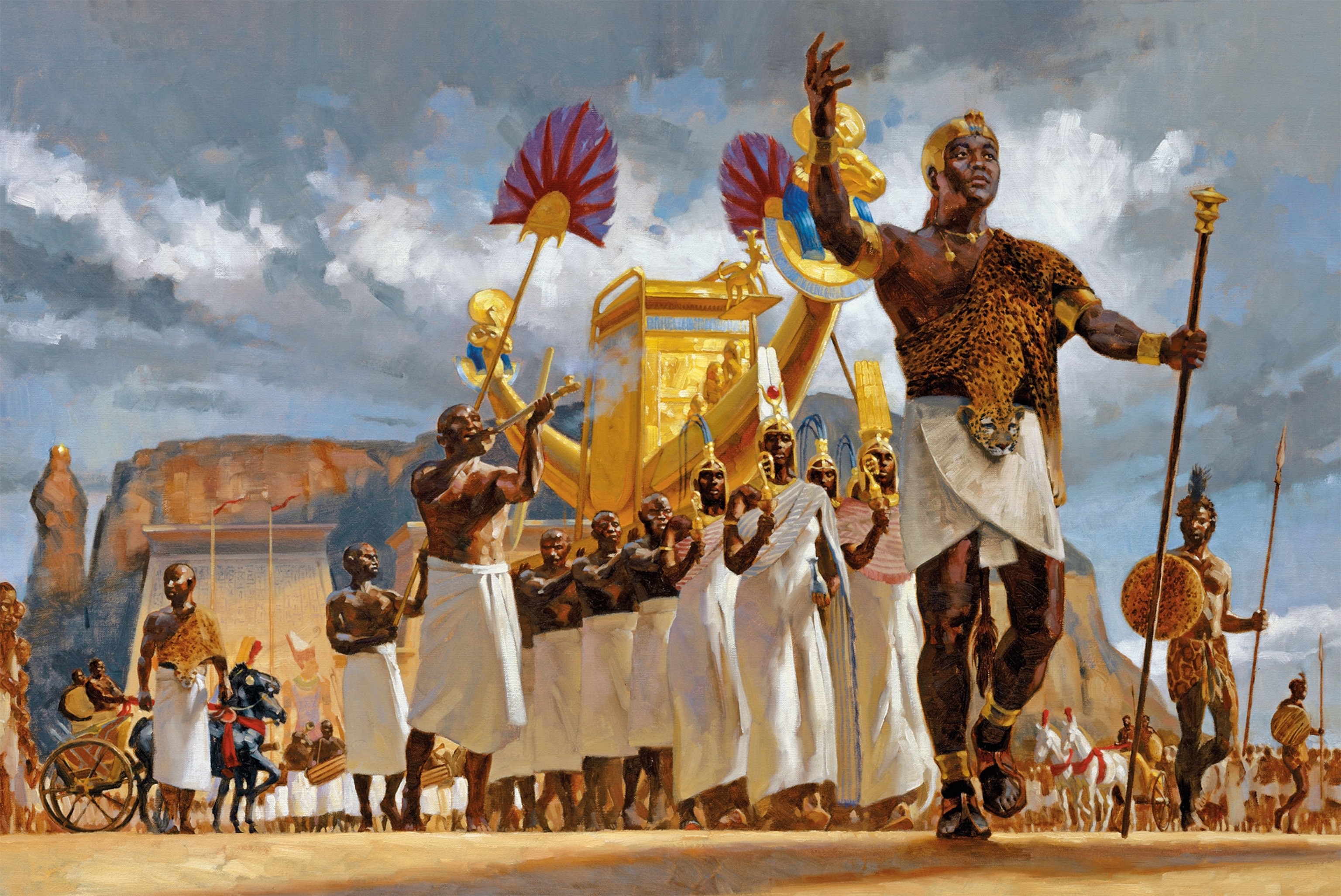 An illustration re-creates a religious parade of people holding a golden boat led by a pharaoh