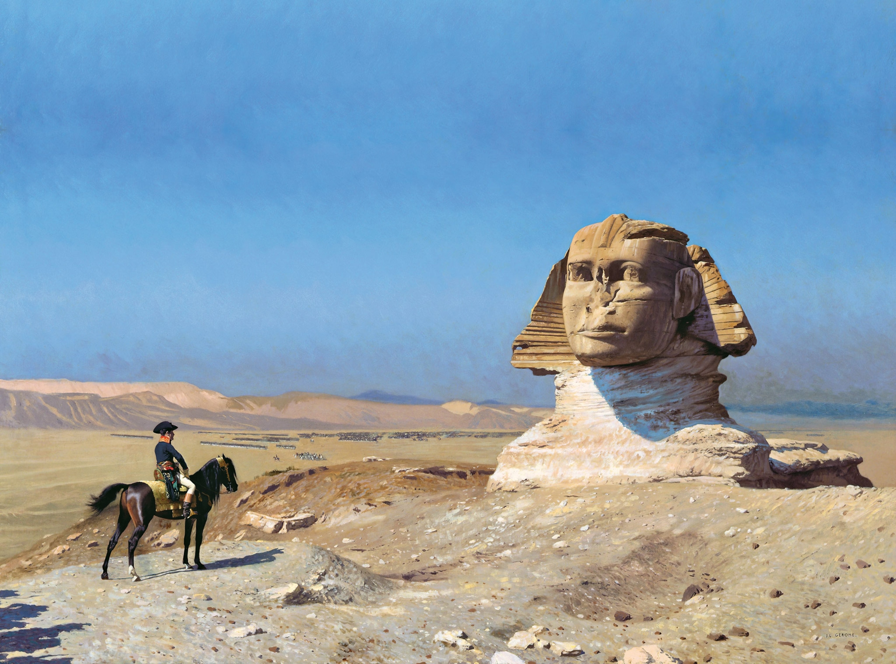 A painting of Napoleon on a horse looking at the Sphinx