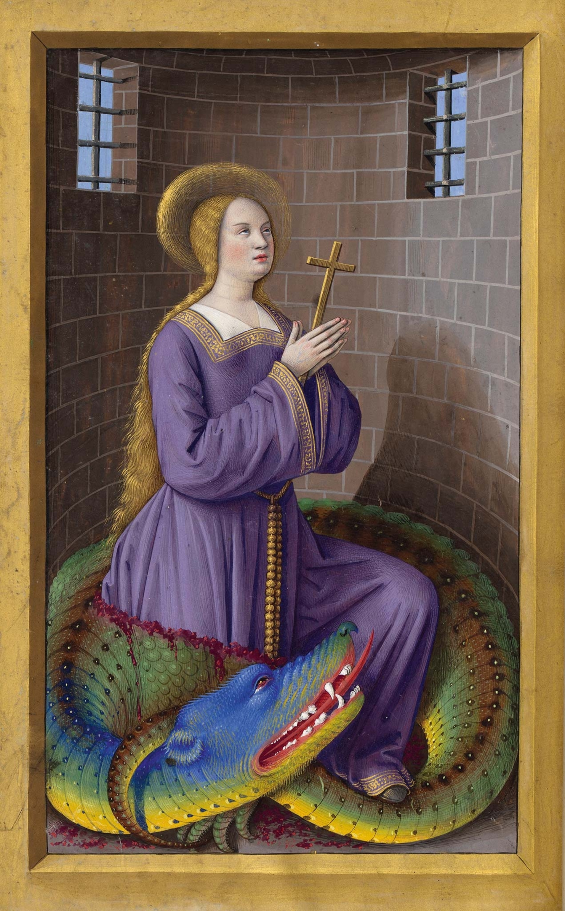 a woman in a purple dress emerges praying from the belly of a blue, green, and yellow dragon