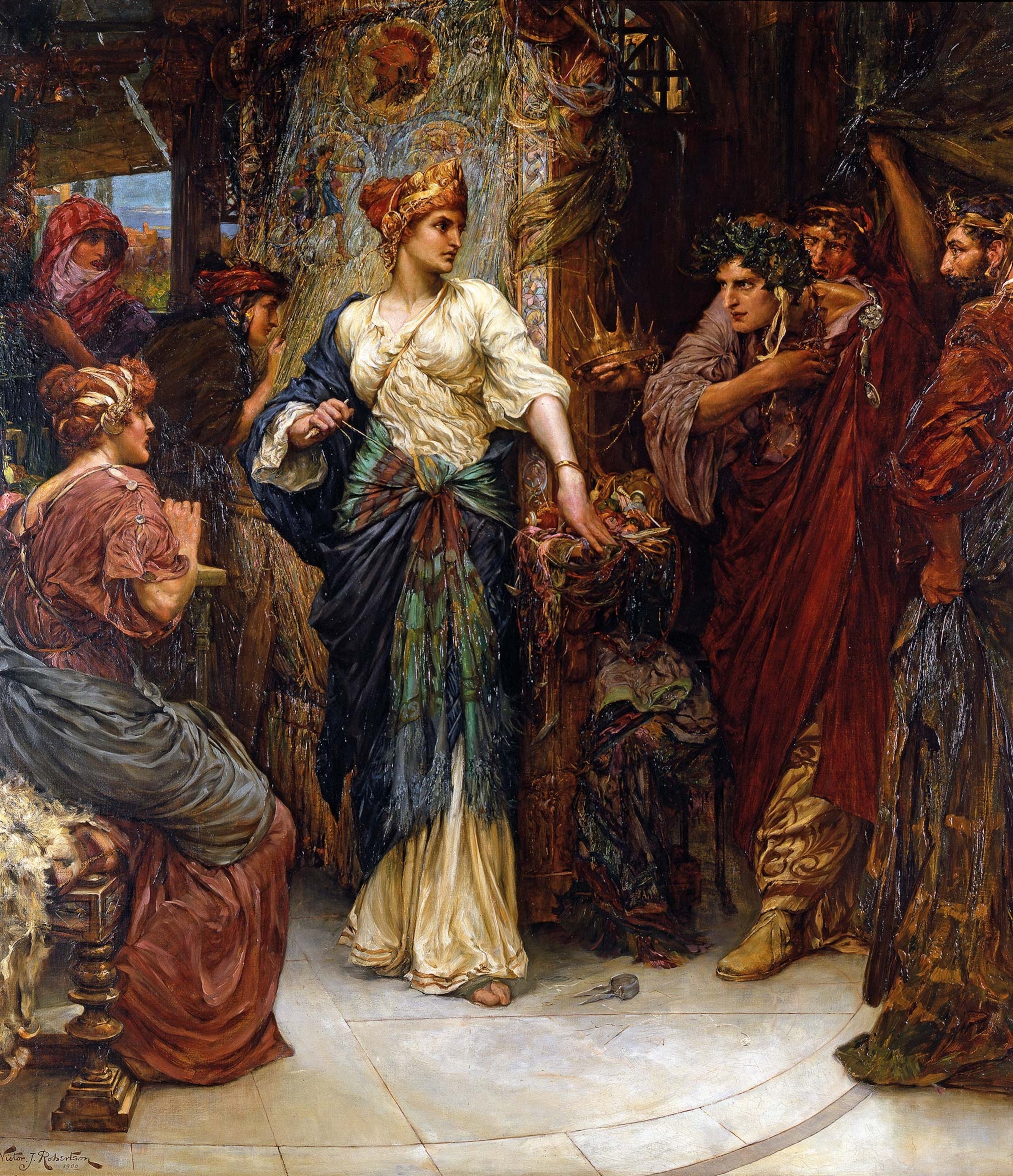 Penelope, Odysseus’ wife, delays the suitors’ attentions by pretending to weave a shroud, visible on a loom, for her father-in-law in a 1900 oil painting by Victor John Robertson.
