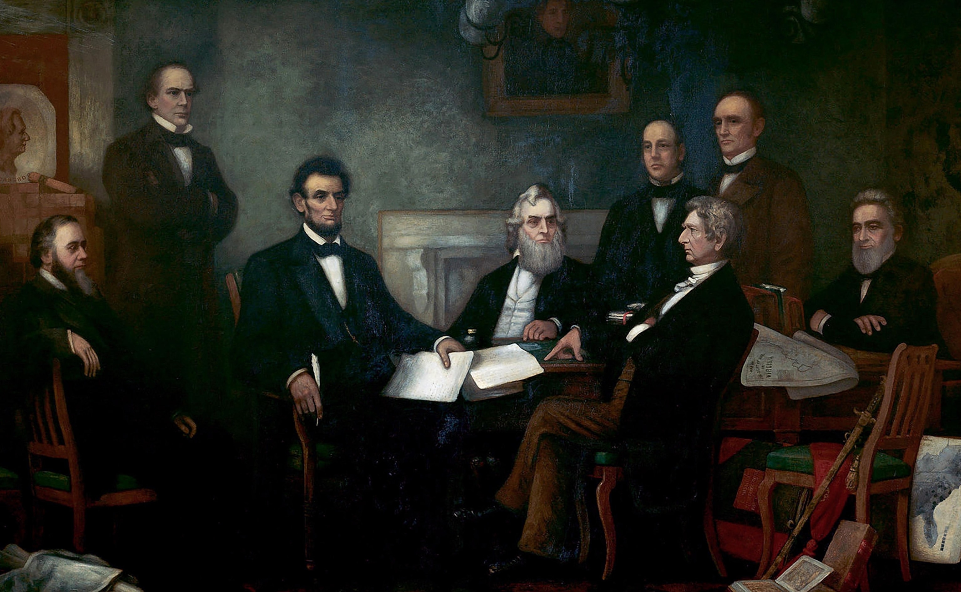 On January 1, 1863, President Abraham Lincoln announced the Emancipation Proclamation. Painter Francis Bicknell Carpenter imagined the moment in his work from 1864, which shows Lincoln surrounded by his cabinet.