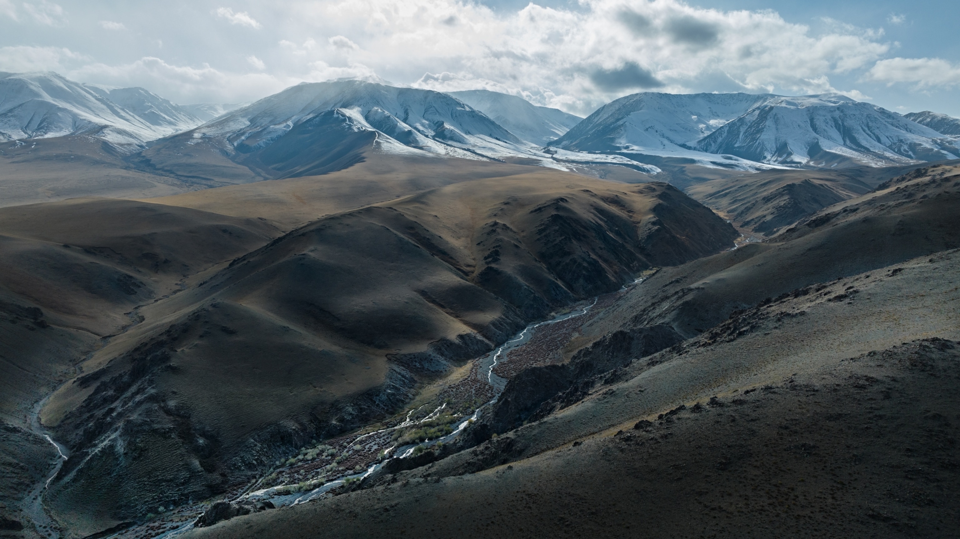 A valley in the foothills of the Altai Mountains. Snowy mountains are in the back of the frame.