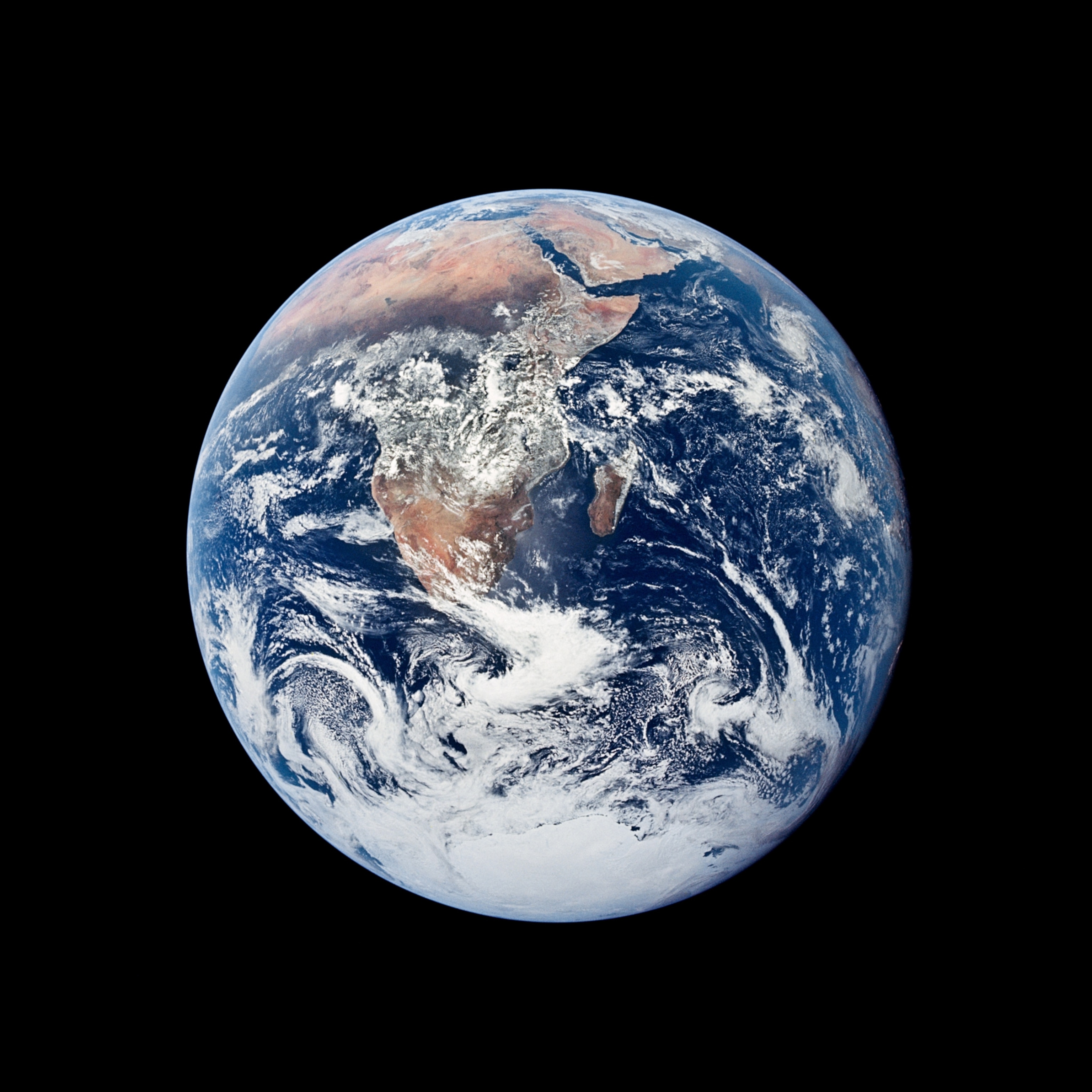 Planet Earth, including the south polar cap seen from outer space by the Apollo 17 crew.