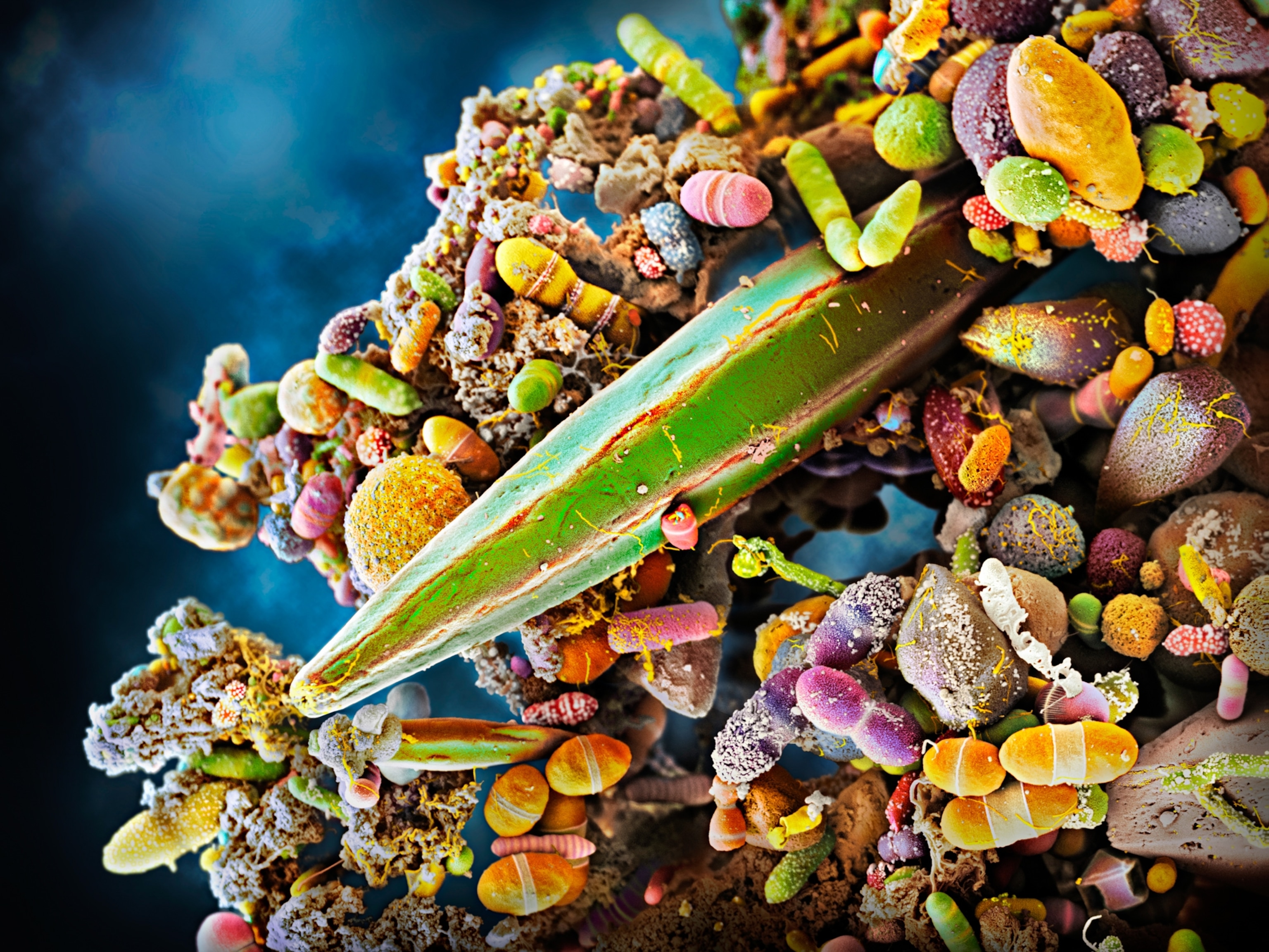 A colorized microscopic view of various bacteria found in a sample of human feces. The bacteria appear in various shapes and colors; some are pink rods, others appear like yellow jelly beans, and one looks like a large green seed