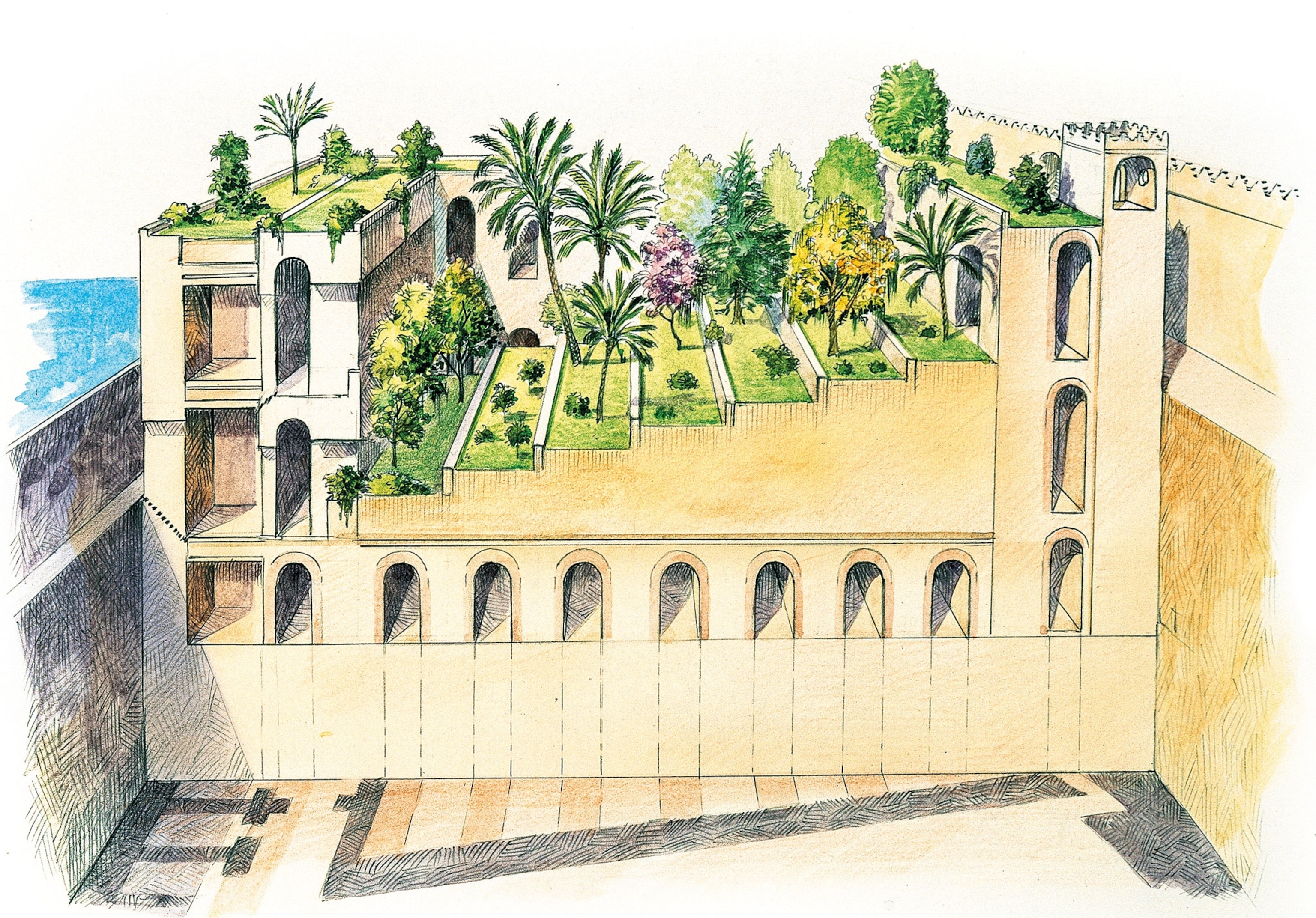 A drawing of a cut away of a palace with a large garden on the top