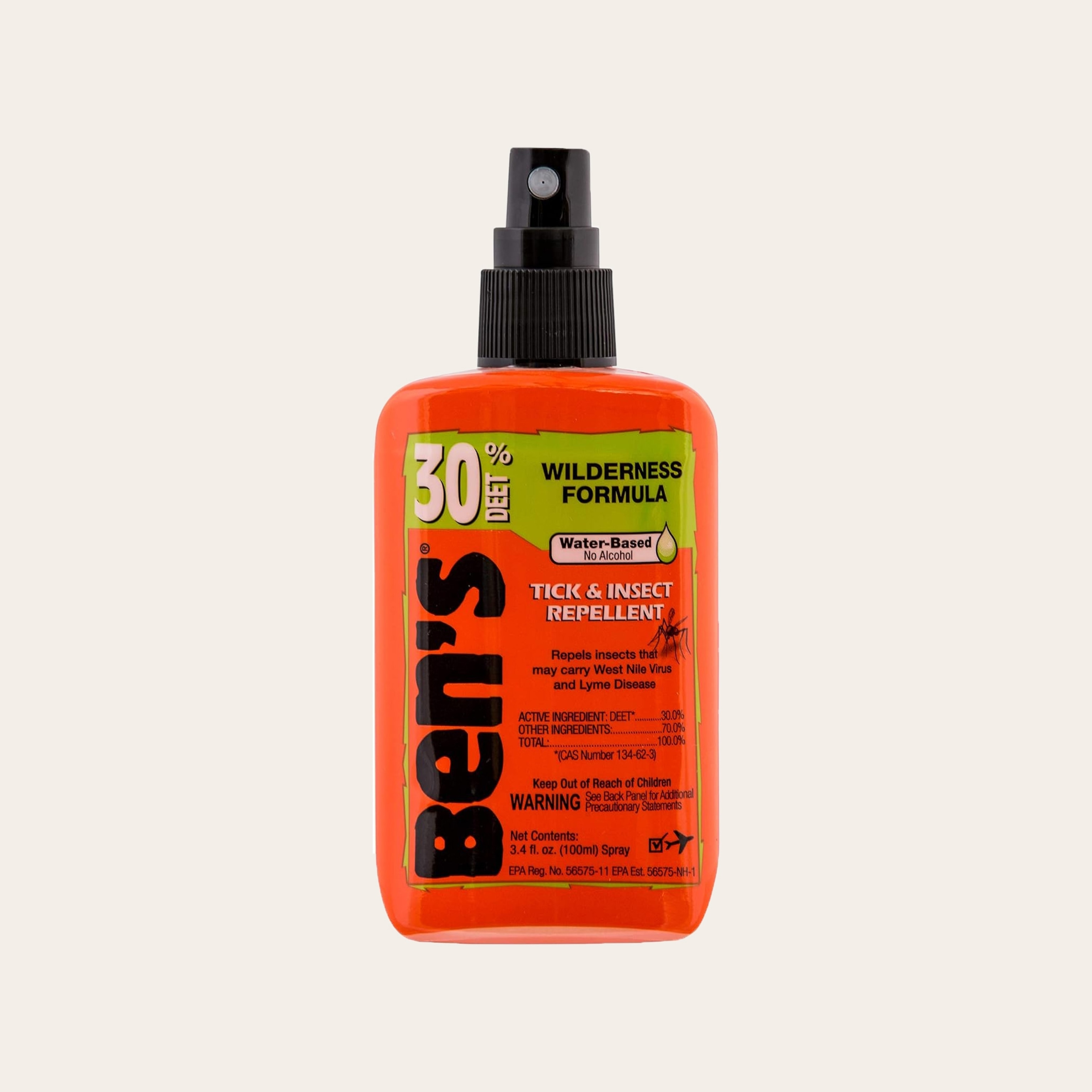 An orange bottle of Ben’s Wilderness Formula tick & insect repellent.
