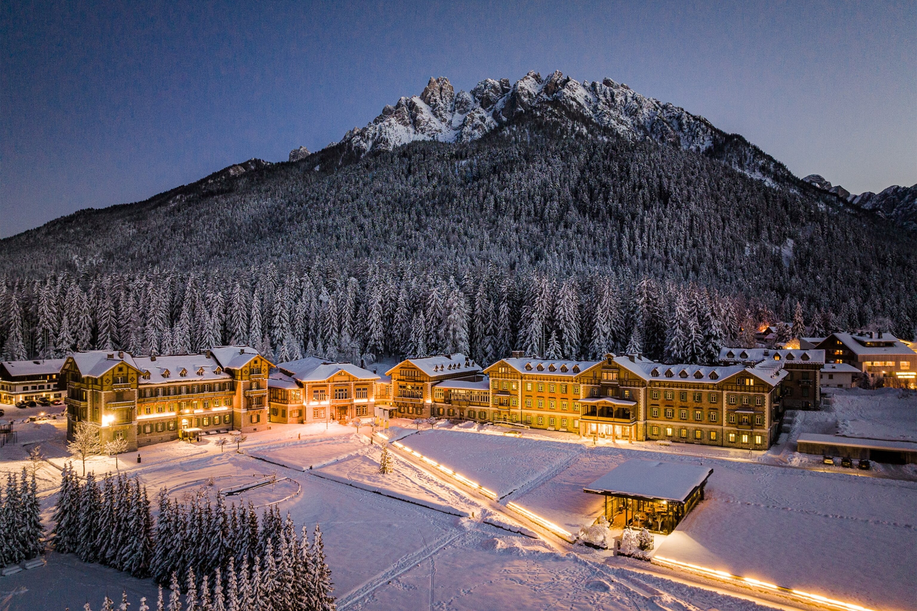 a ski town at night
