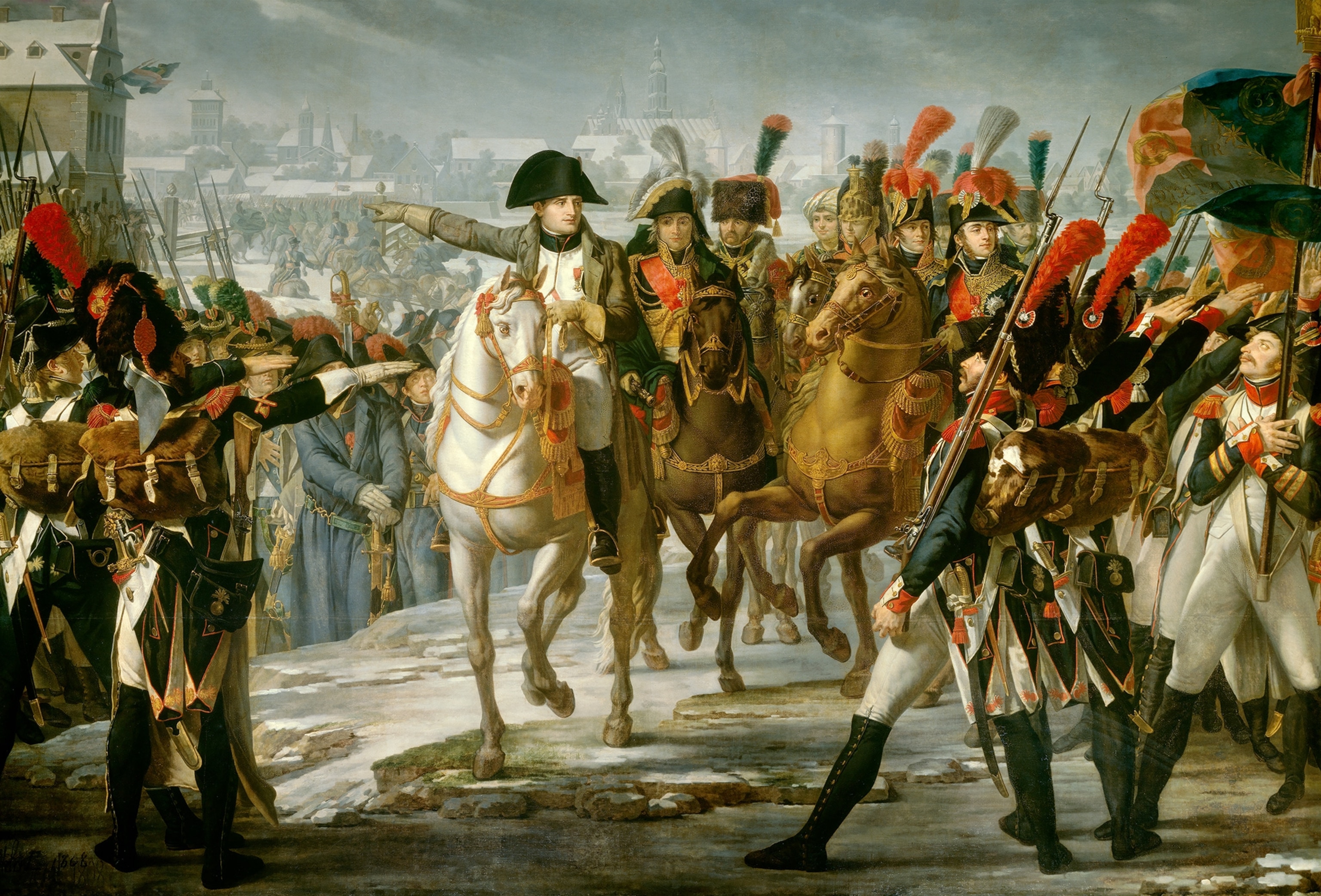 Emperor Napoleon I rides a horse surrounded by troops at the Battle of Wertingen.
