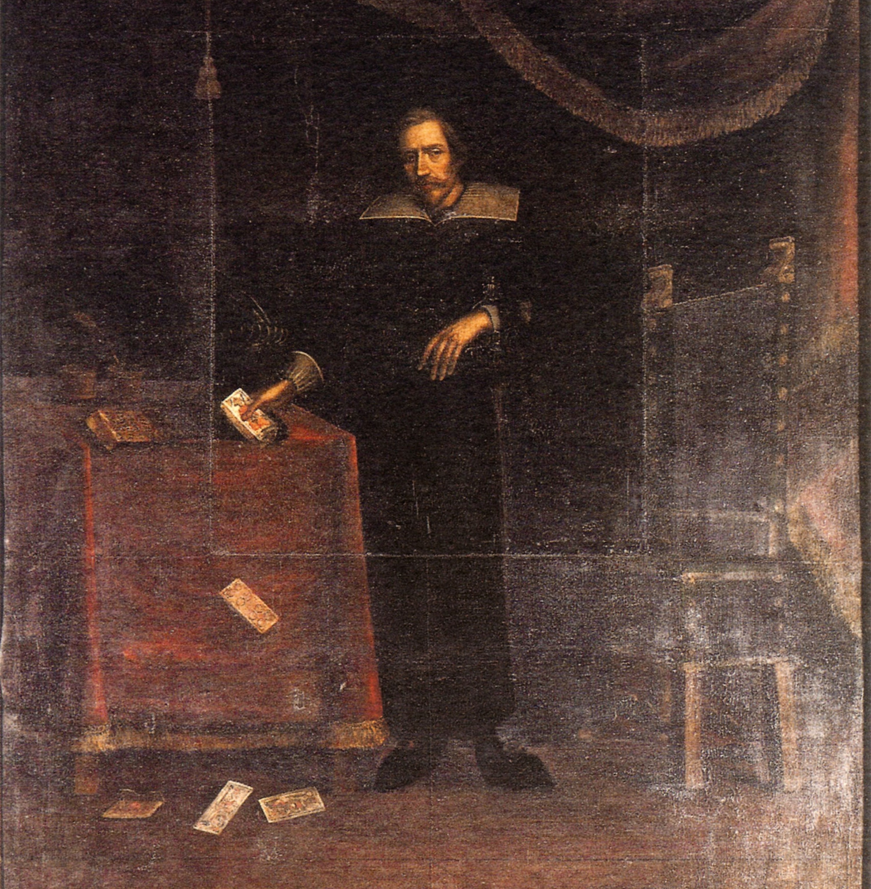 A man stands next to a table with a few tarot cards on it in a painting