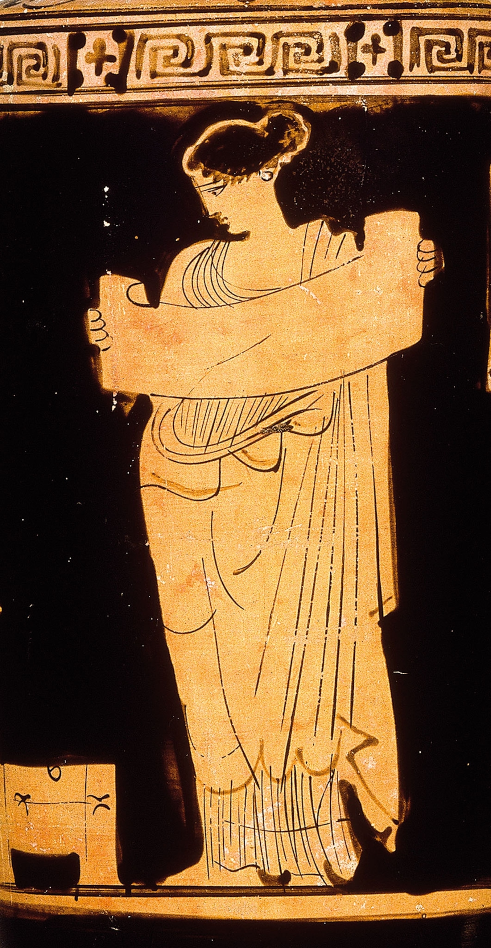 a fifth-century vase showing a woman reading a papyrus