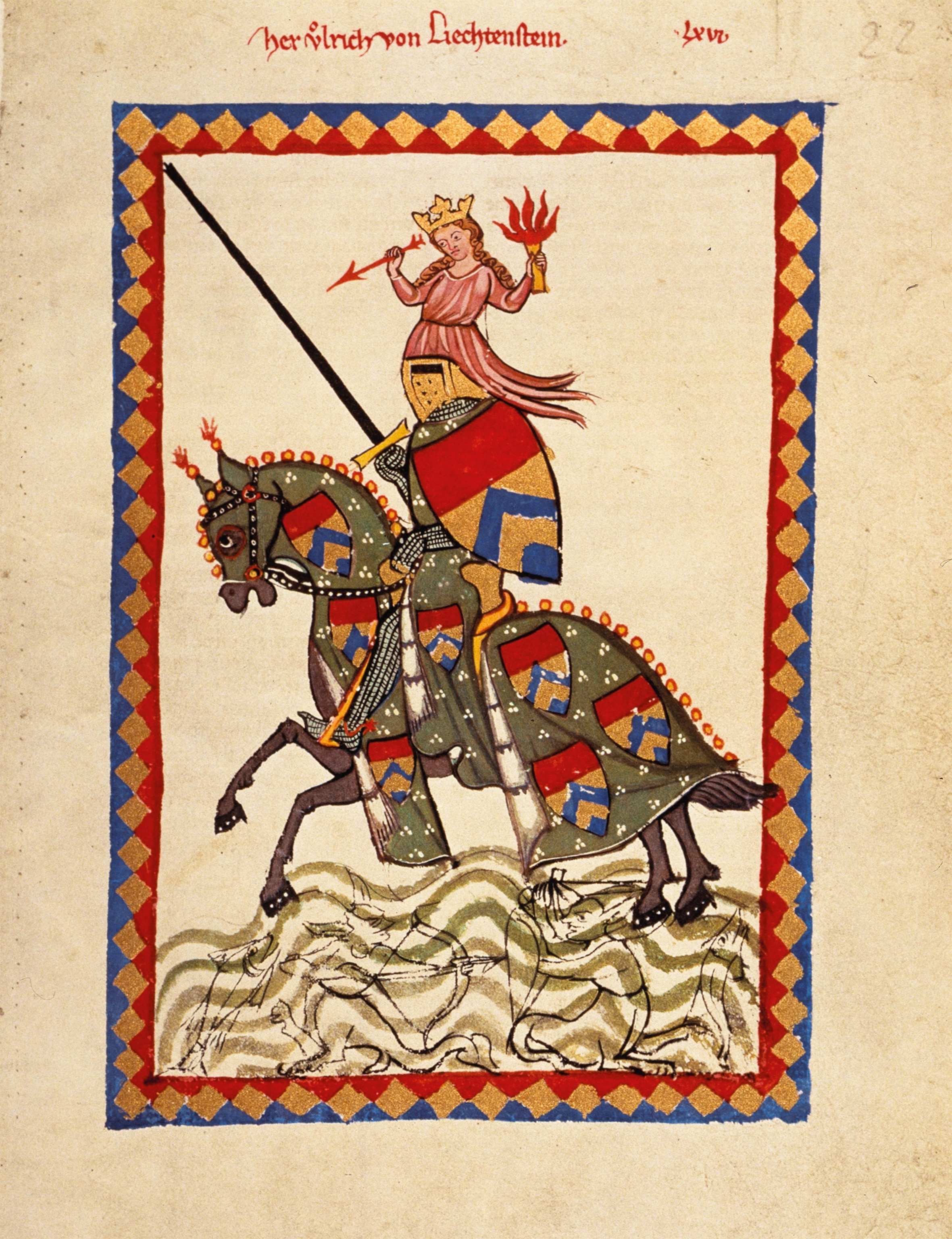 Ulrich von Liechtenstein is depicted wearing a helmet with an effigy of the goddess Venus.