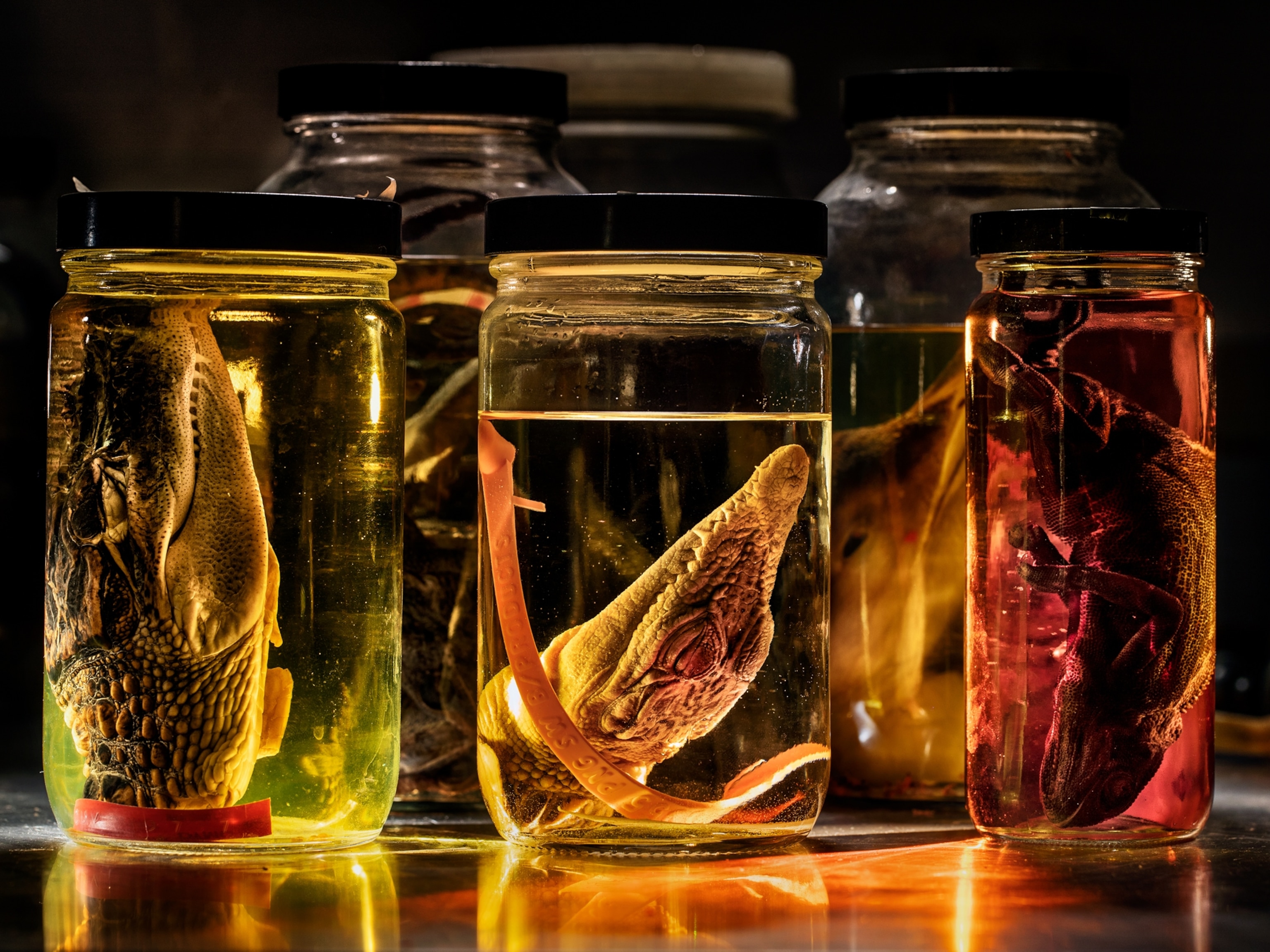 alligator, crocodile, and chameleon species in alcohol filled jars