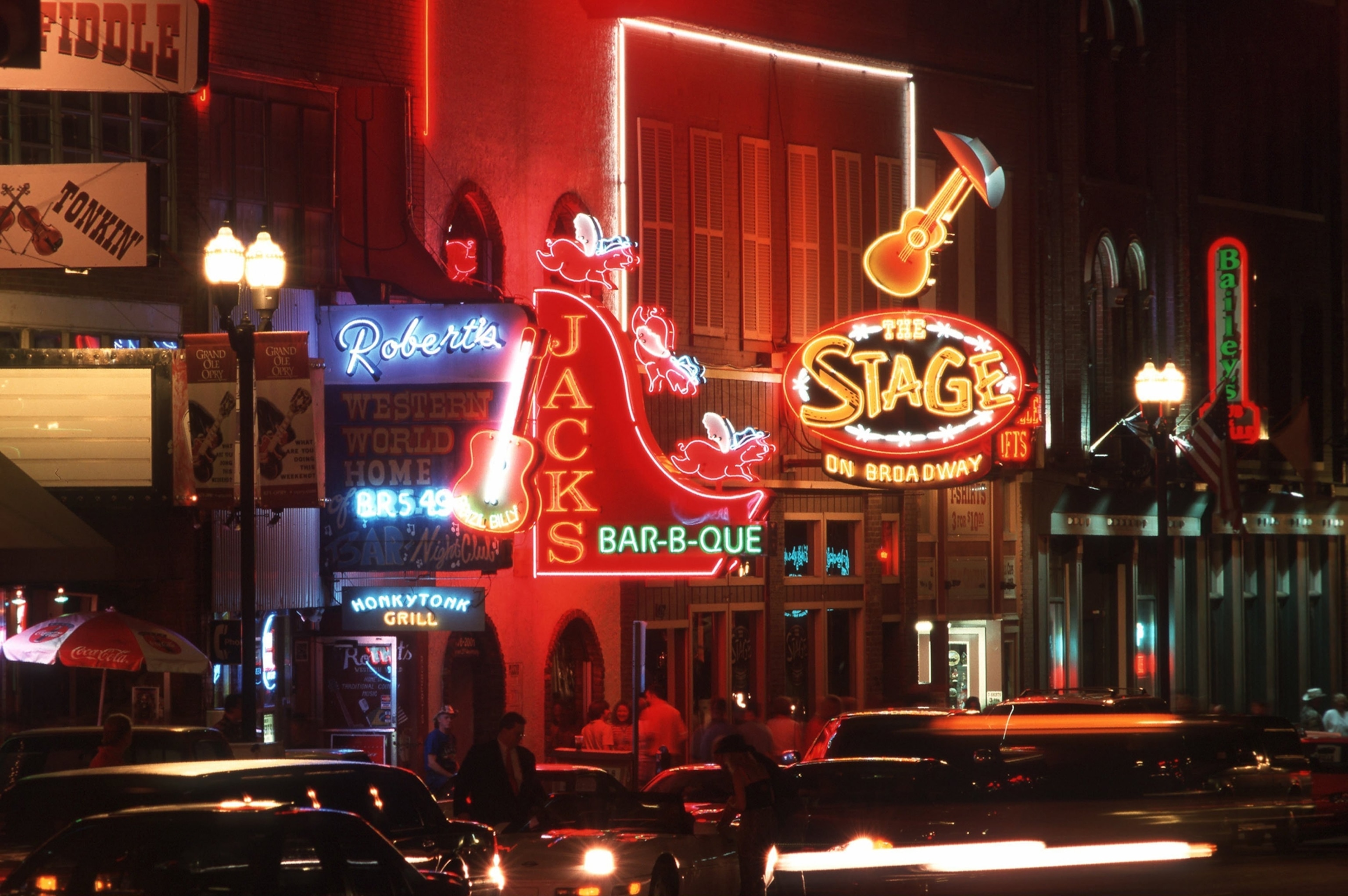 Bars and Music Clubs at night in Downtown Nashville, Tennessee.