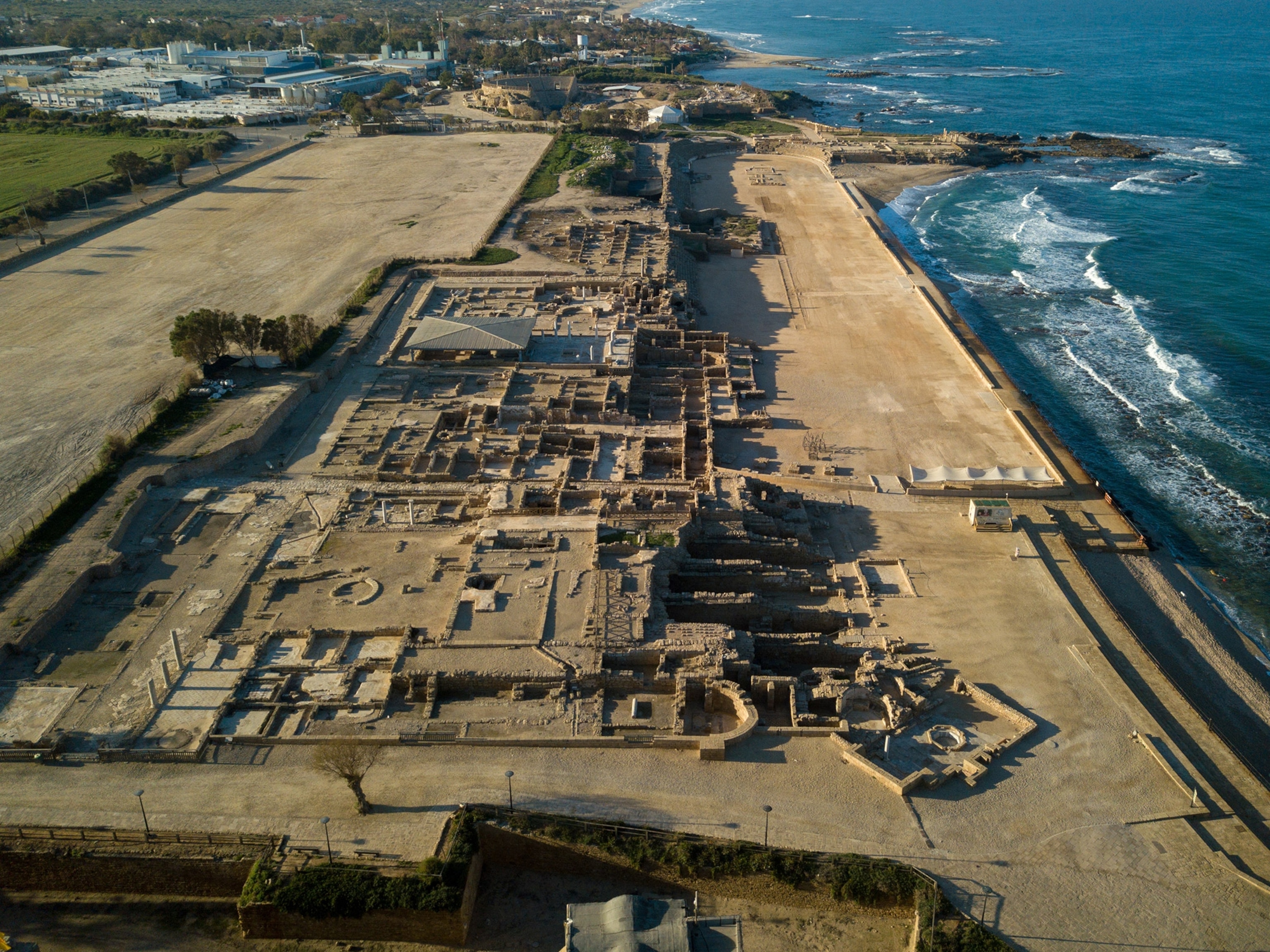 an aerial view of the Caesarea Maritima port city outside Jerusalem, Israel