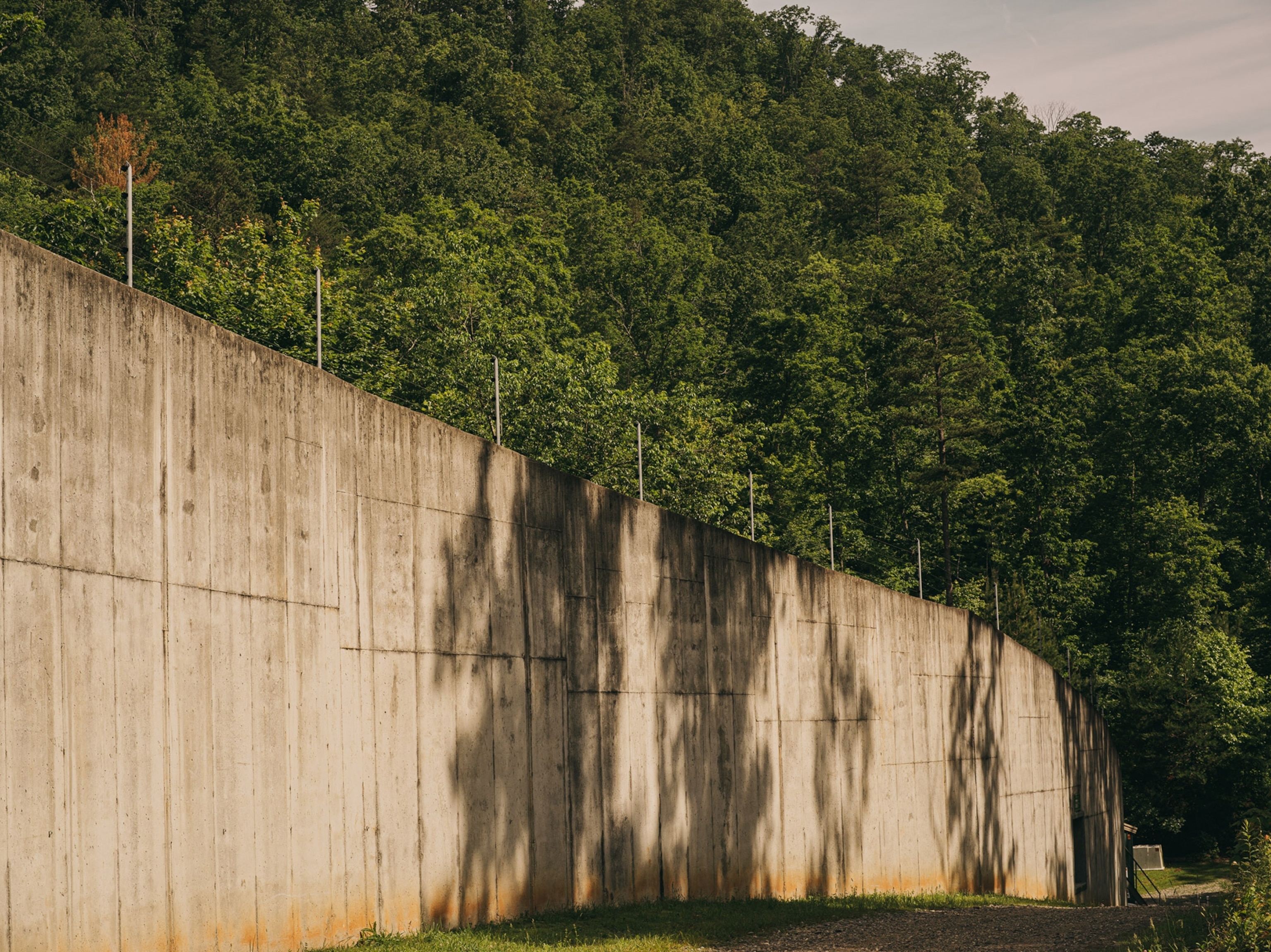 a high concrete wall that surrounds the seven acre habitat of project chimp