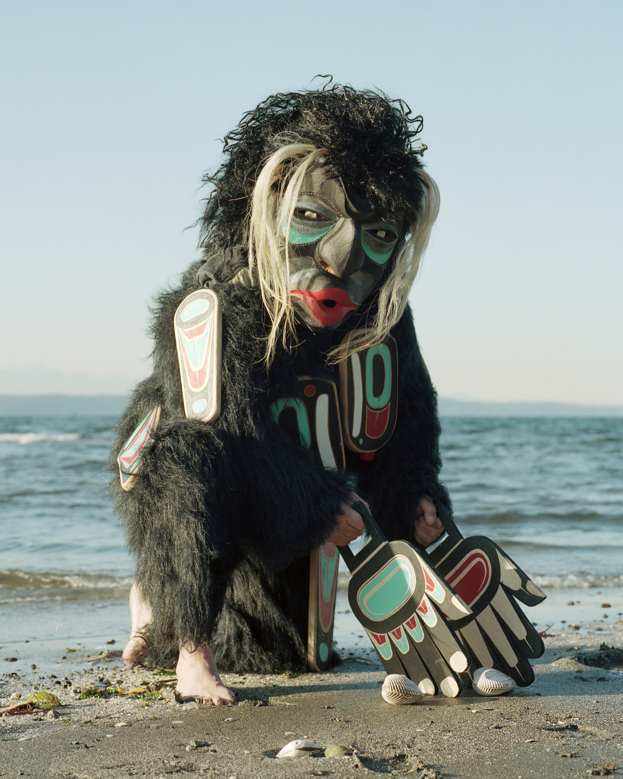 Tom Sewid, a member of the Kwakwakaʼwakw tribe, wearing an outfit representing Dzunuḵ̓wa, a figure in Kwakwakaʼwakw mythology that Tom says is what settlers refer to as Bigfoot.
