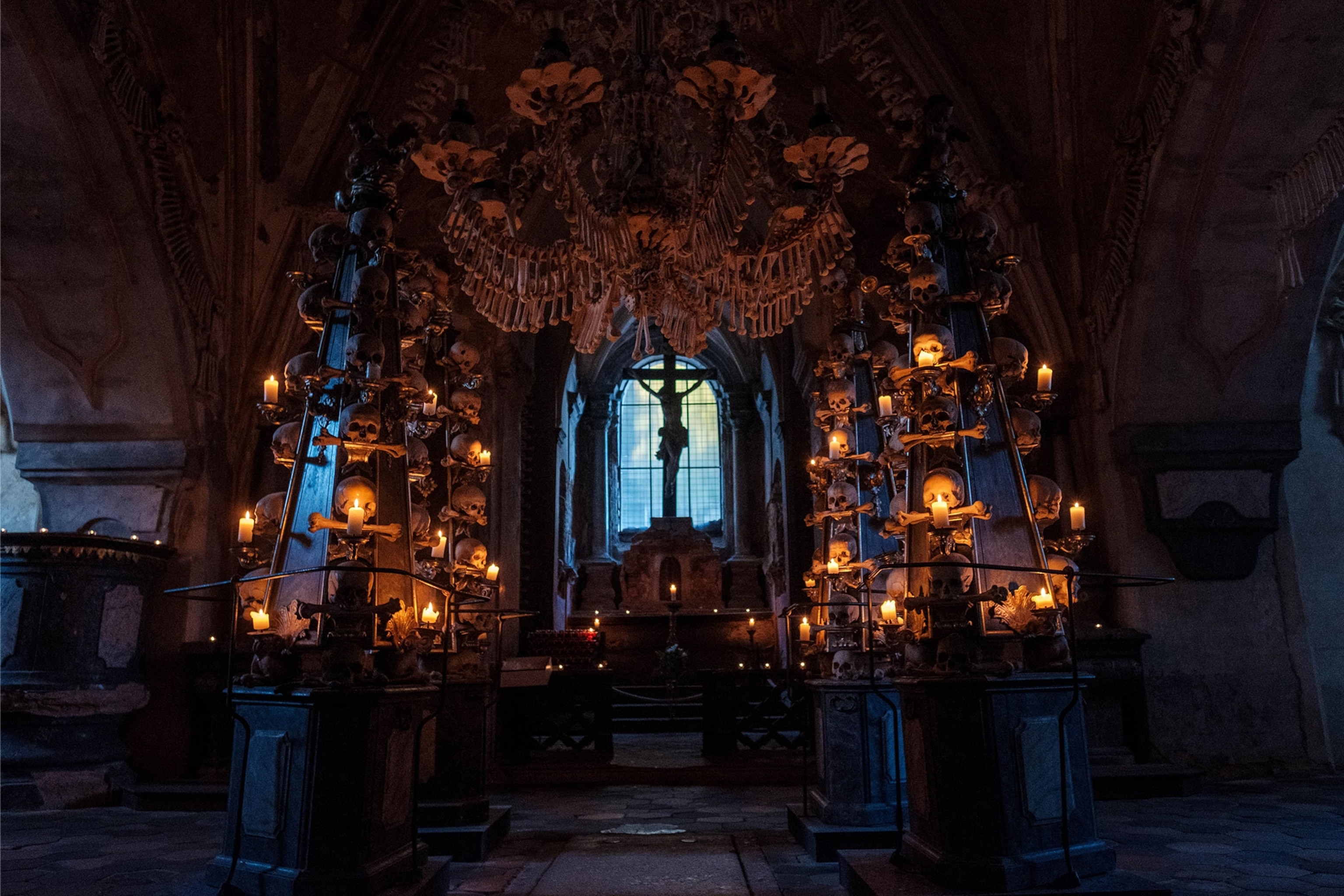 Sedlec Ossuary's chandelier made from human skeletal remains