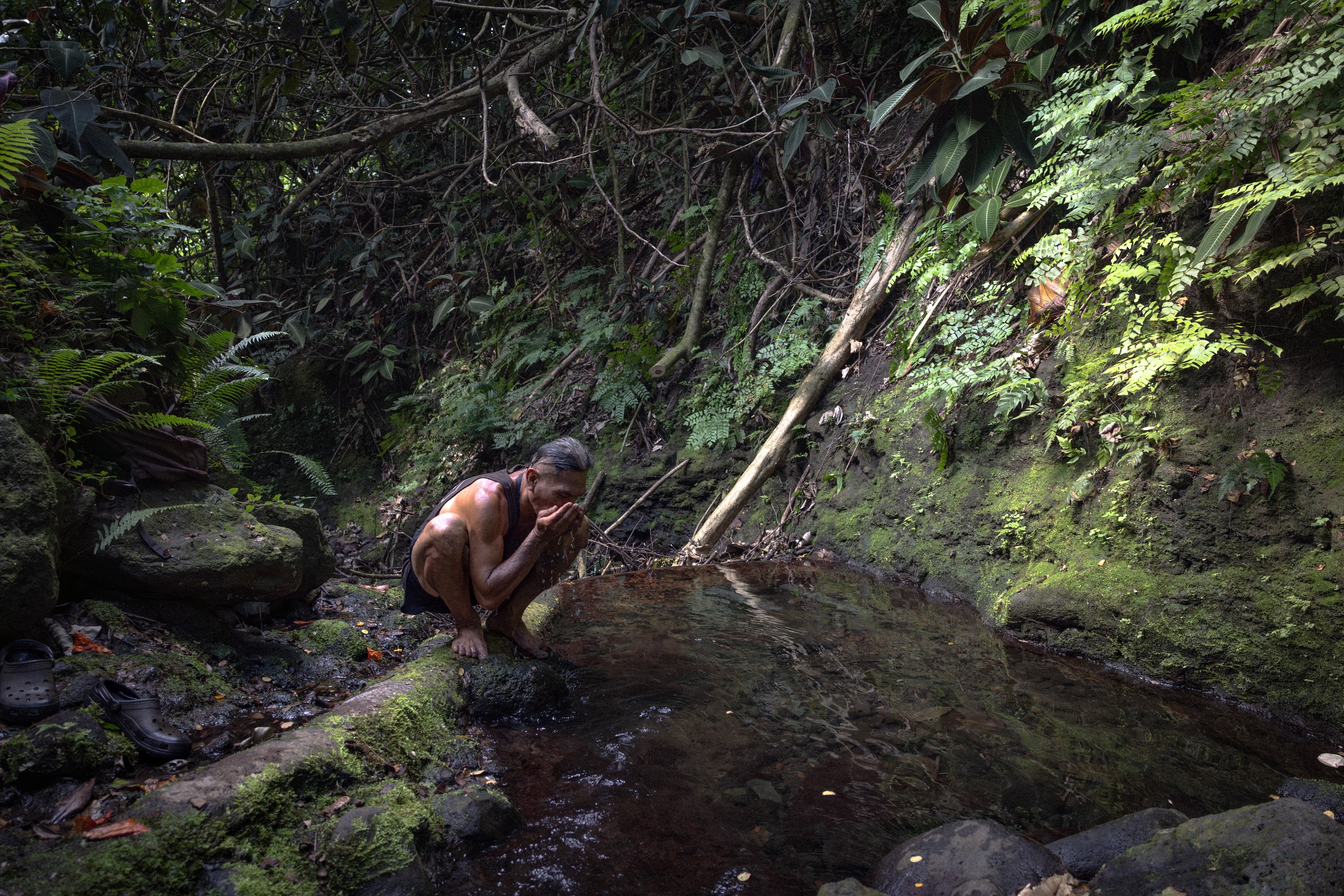 Drinking from a water catchment system upstream from his land in 'Āfareaitu Valley on the island of Mo'orea, French Polynesia.