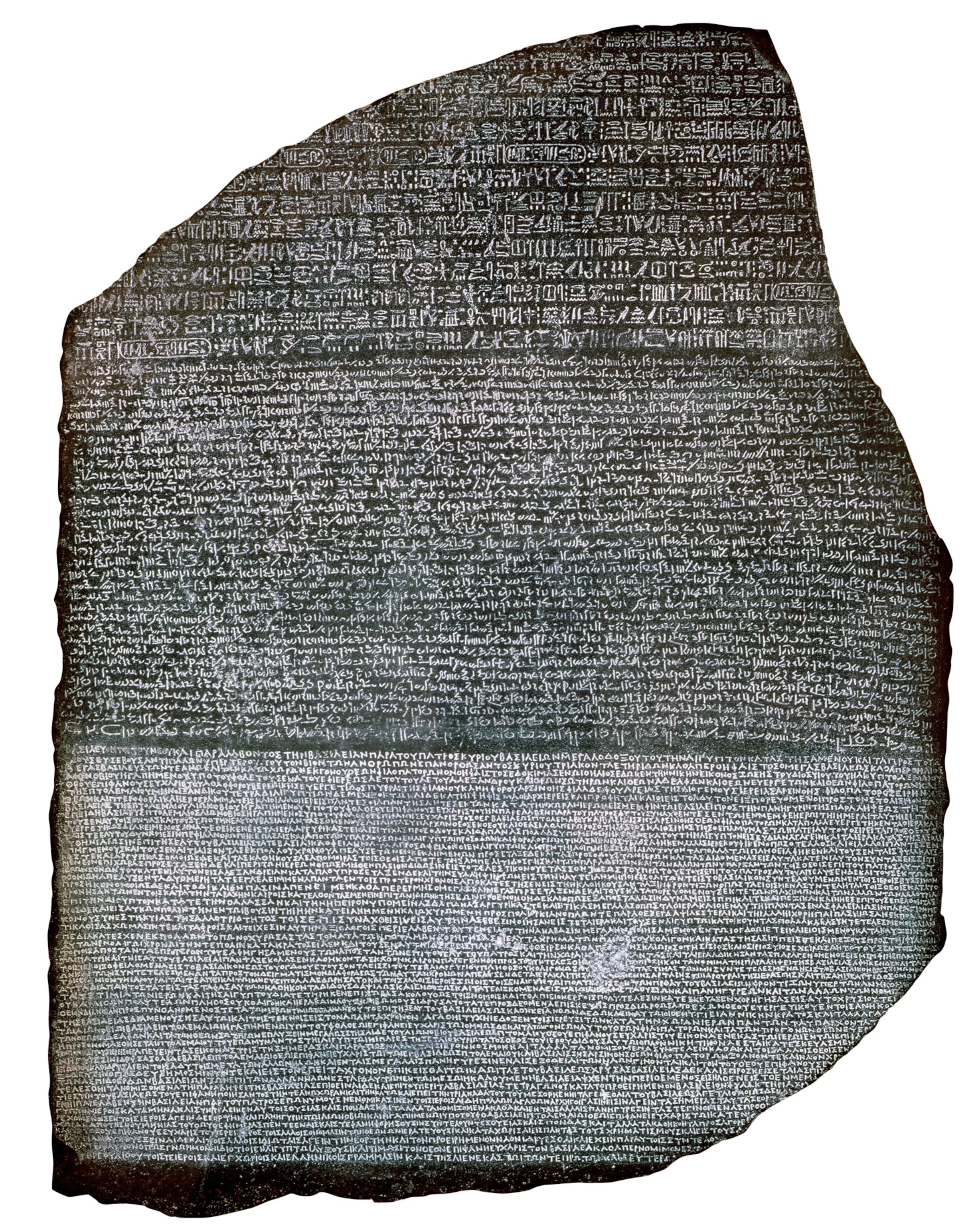 A dark stone with three types of writing on it